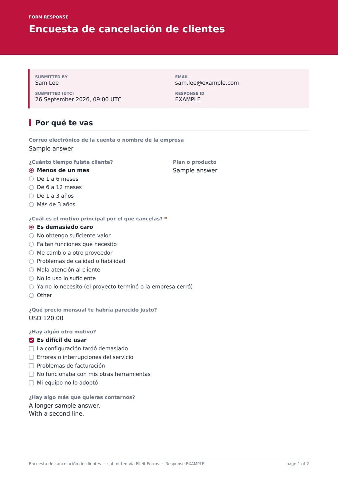 Encuesta de cancelación de clientes — PDF de respuesta de ejemplo, página 1 de 2