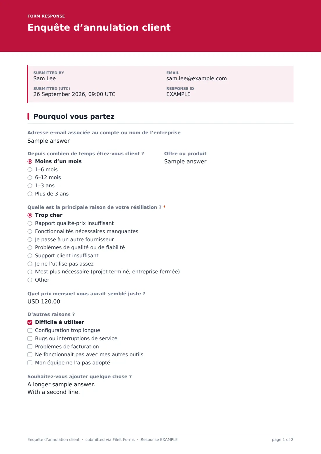 Enquête d’annulation client — exemple de réponse au format PDF, page 1 sur 2