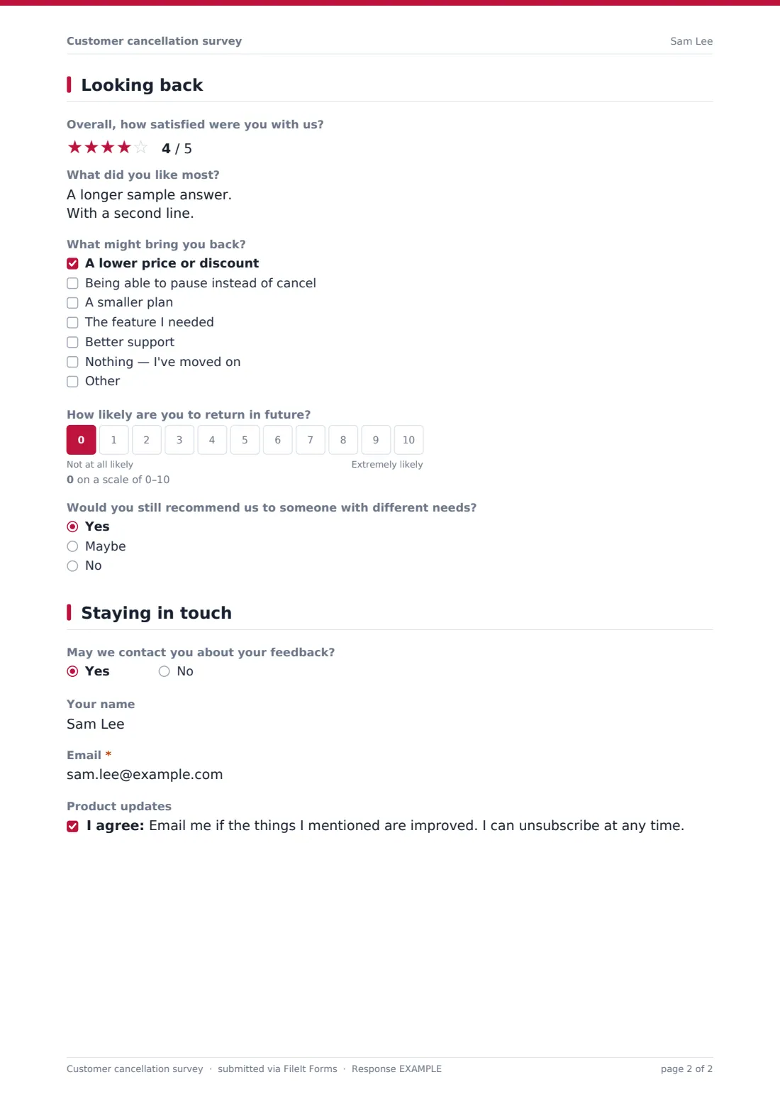 Customer cancellation survey — example response PDF, page 2 of 2