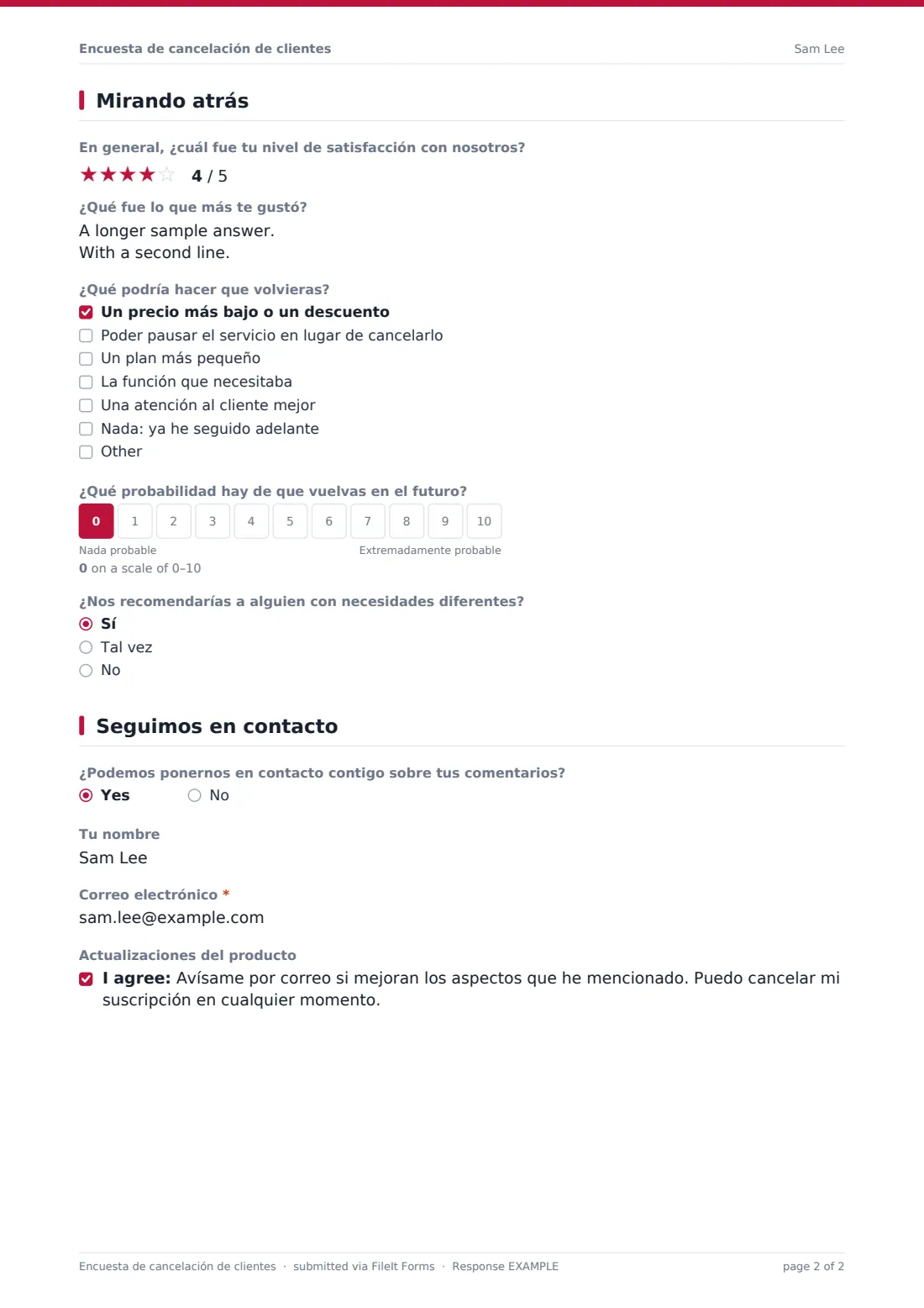 Encuesta de cancelación de clientes — PDF de respuesta de ejemplo, página 2 de 2