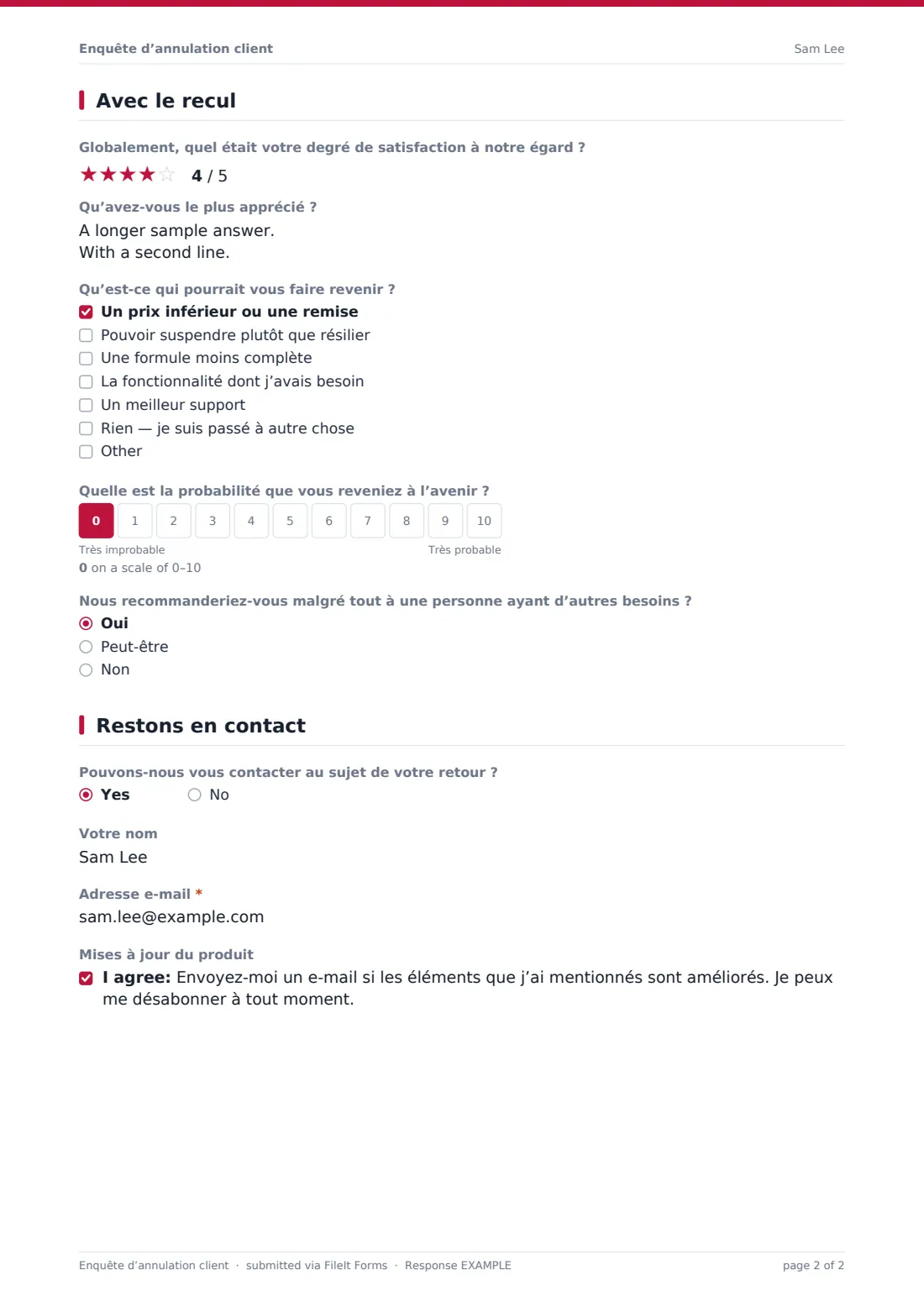 Enquête d’annulation client — exemple de réponse au format PDF, page 2 sur 2