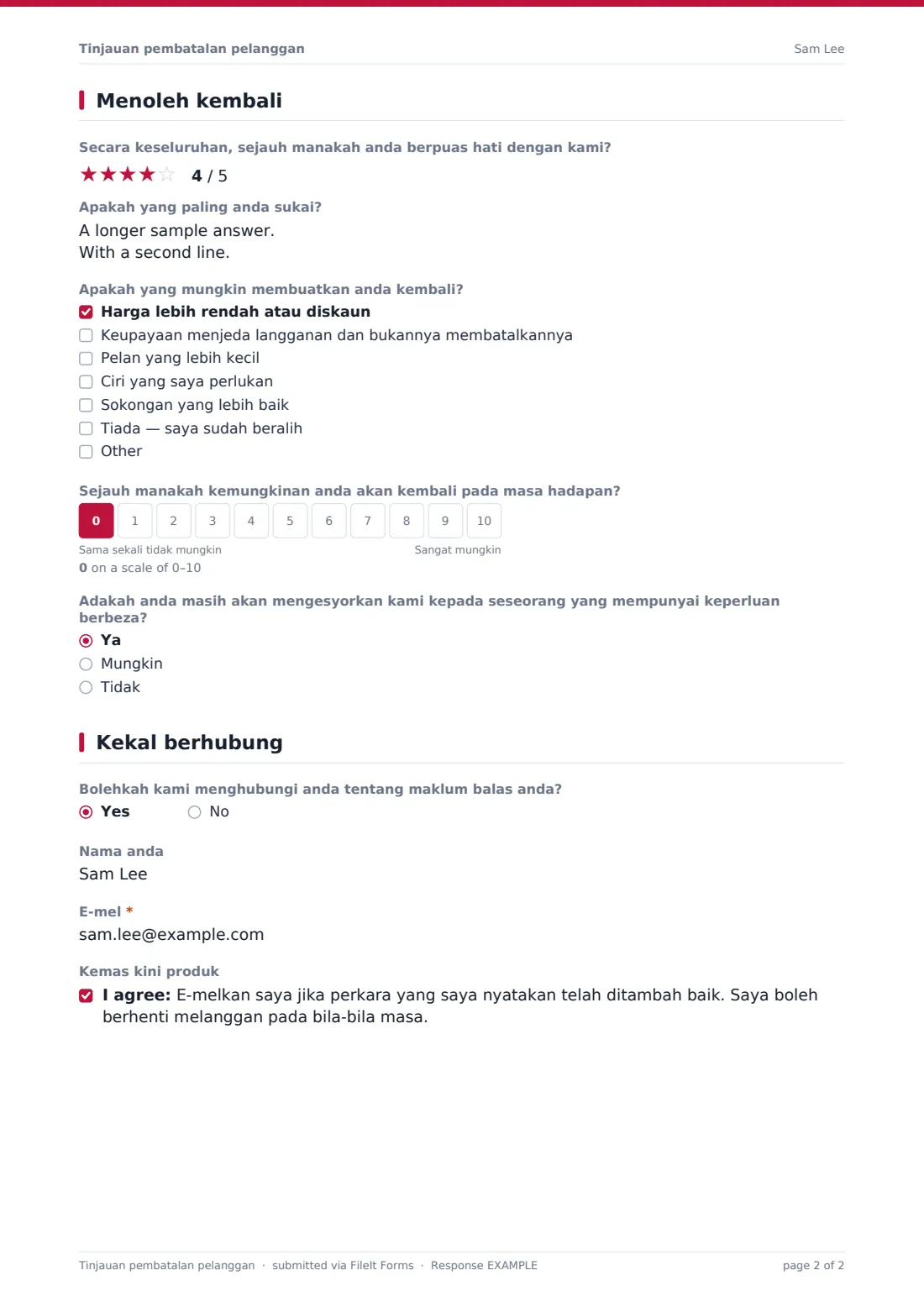 Tinjauan pembatalan pelanggan — PDF respons contoh, halaman 2 daripada 2
