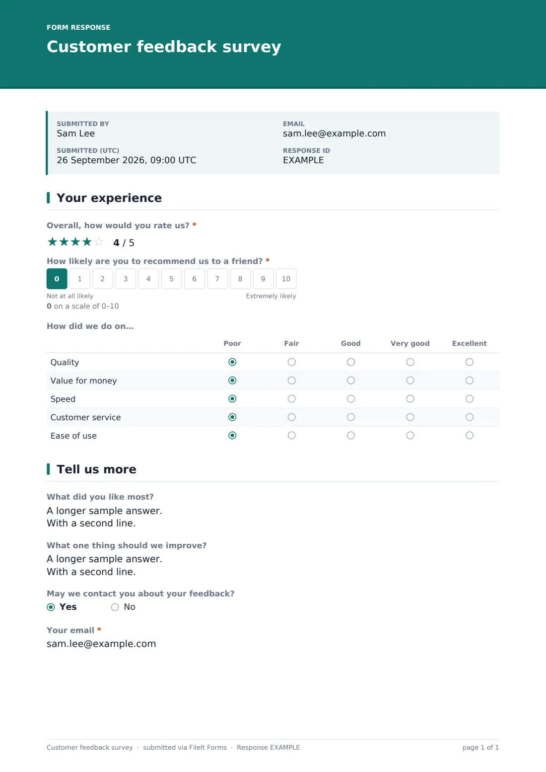 Customer feedback survey — example response PDF, page 1 of 1
