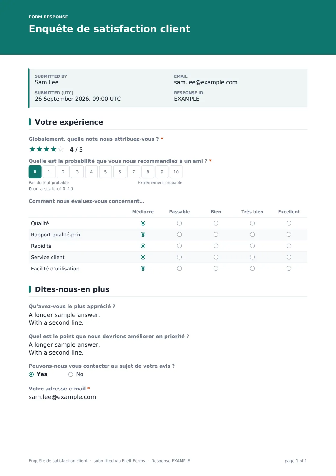 Enquête de satisfaction client — exemple de réponse au format PDF, page 1 sur 1