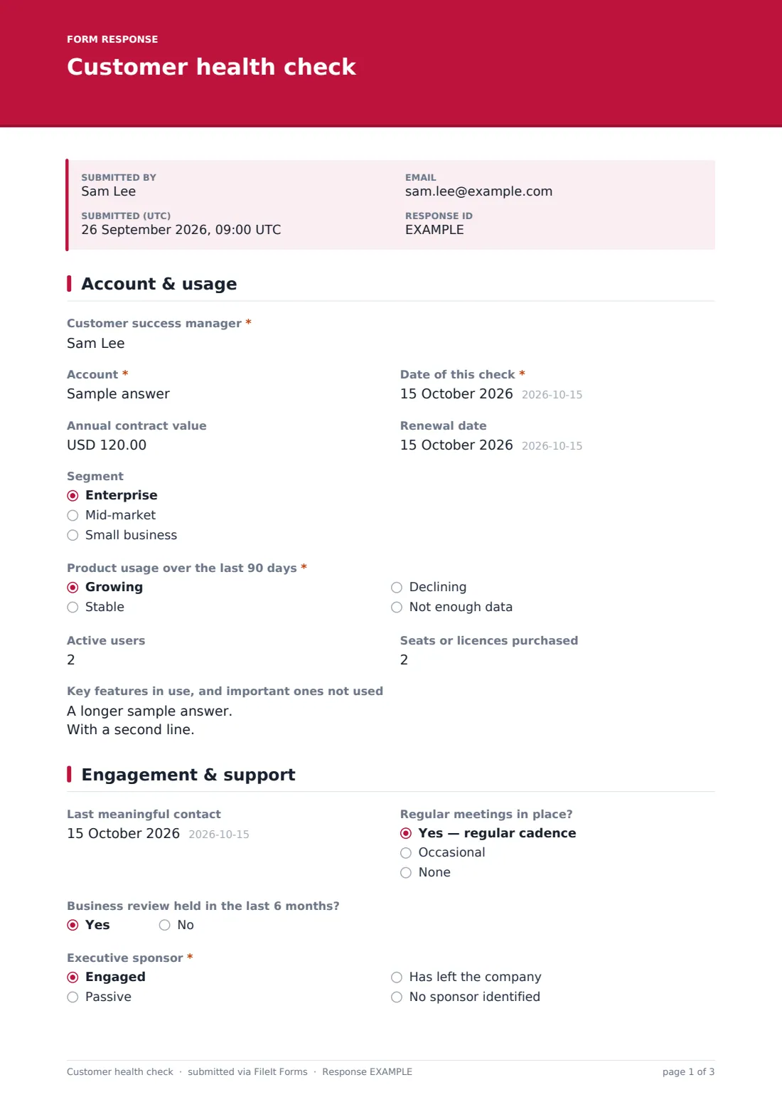 Customer health check — example response PDF, page 1 of 3