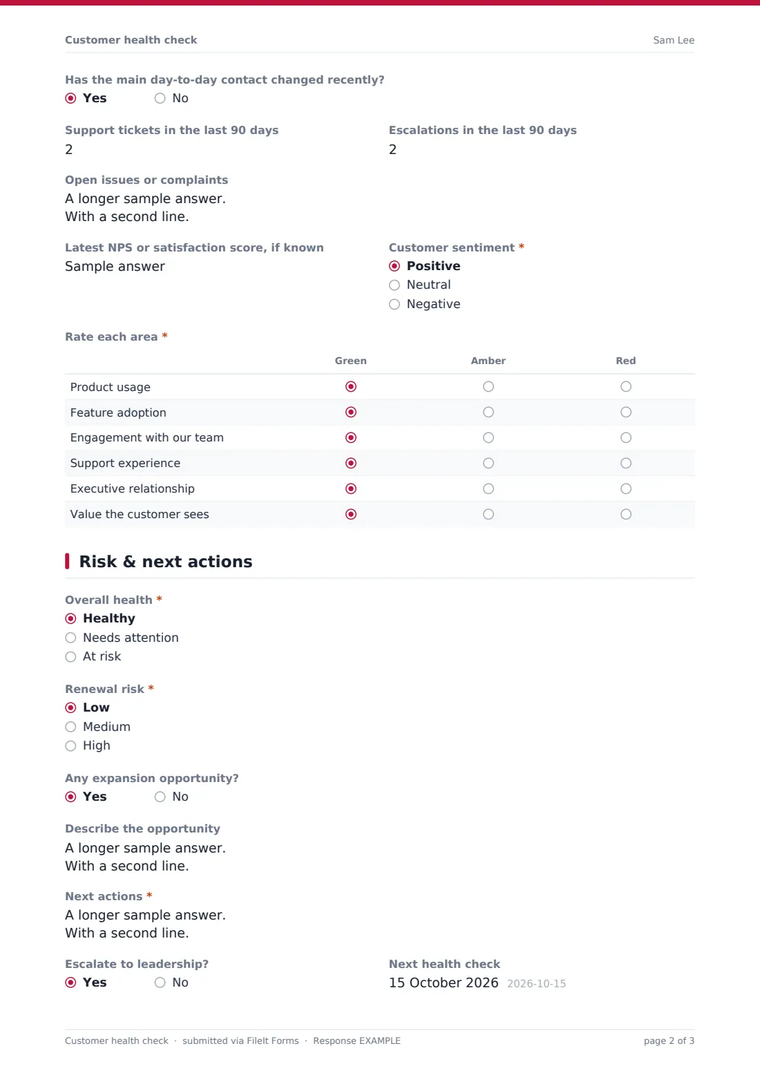 Customer health check — example response PDF, page 2 of 3