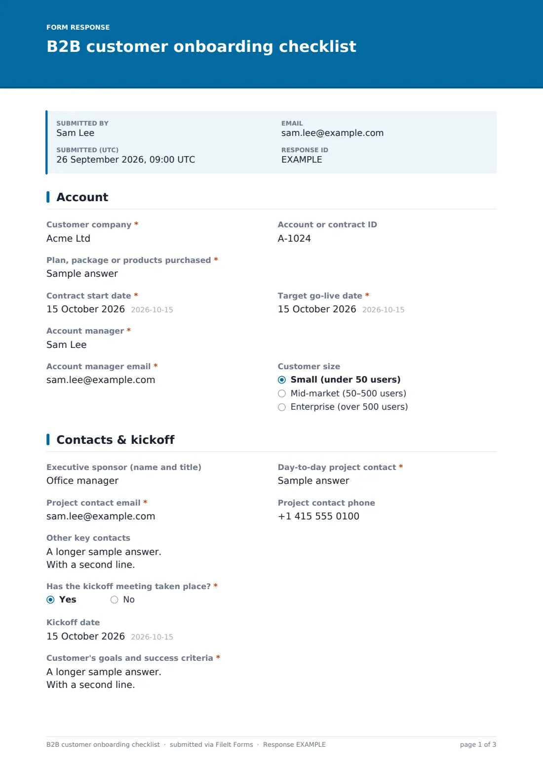 B2B customer onboarding checklist — example response PDF, page 1 of 3