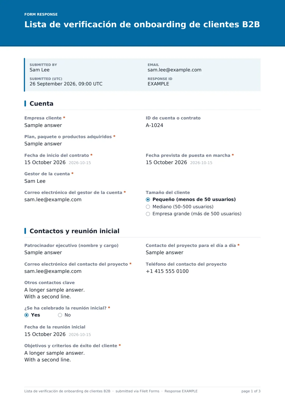 Lista de verificación de onboarding de clientes B2B — PDF de respuesta de ejemplo, página 1 de 3