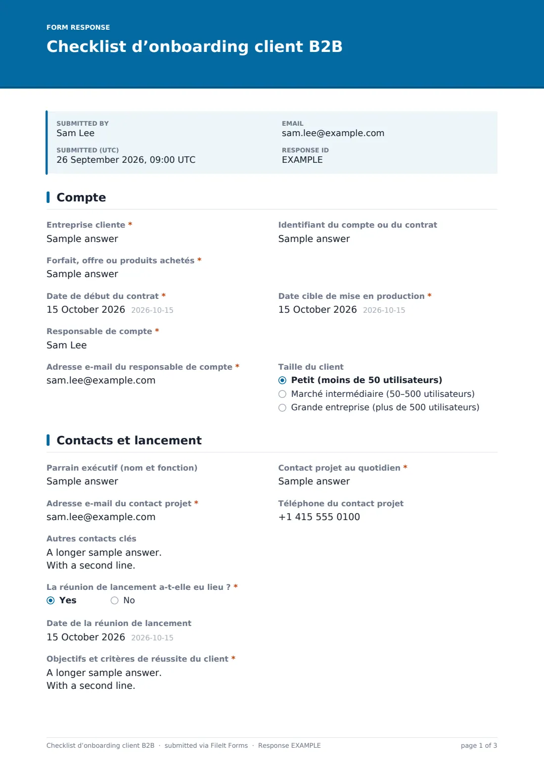 Checklist d’onboarding client B2B — exemple de réponse au format PDF, page 1 sur 3