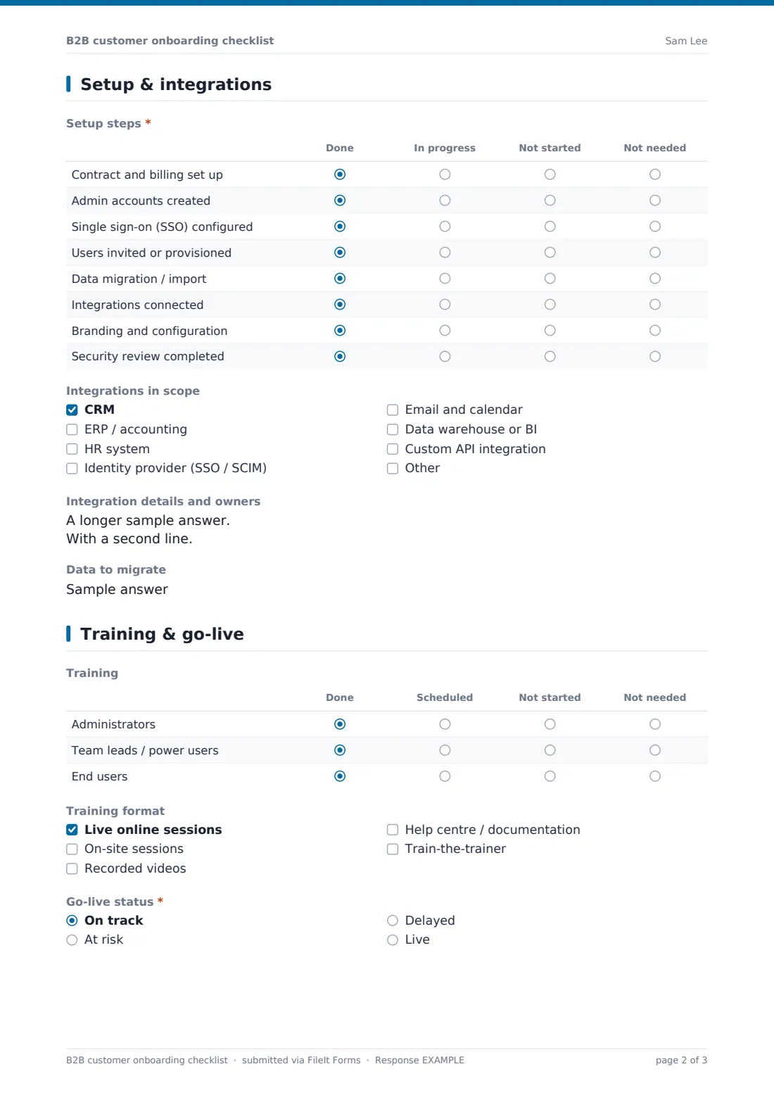 B2B customer onboarding checklist — example response PDF, page 2 of 3