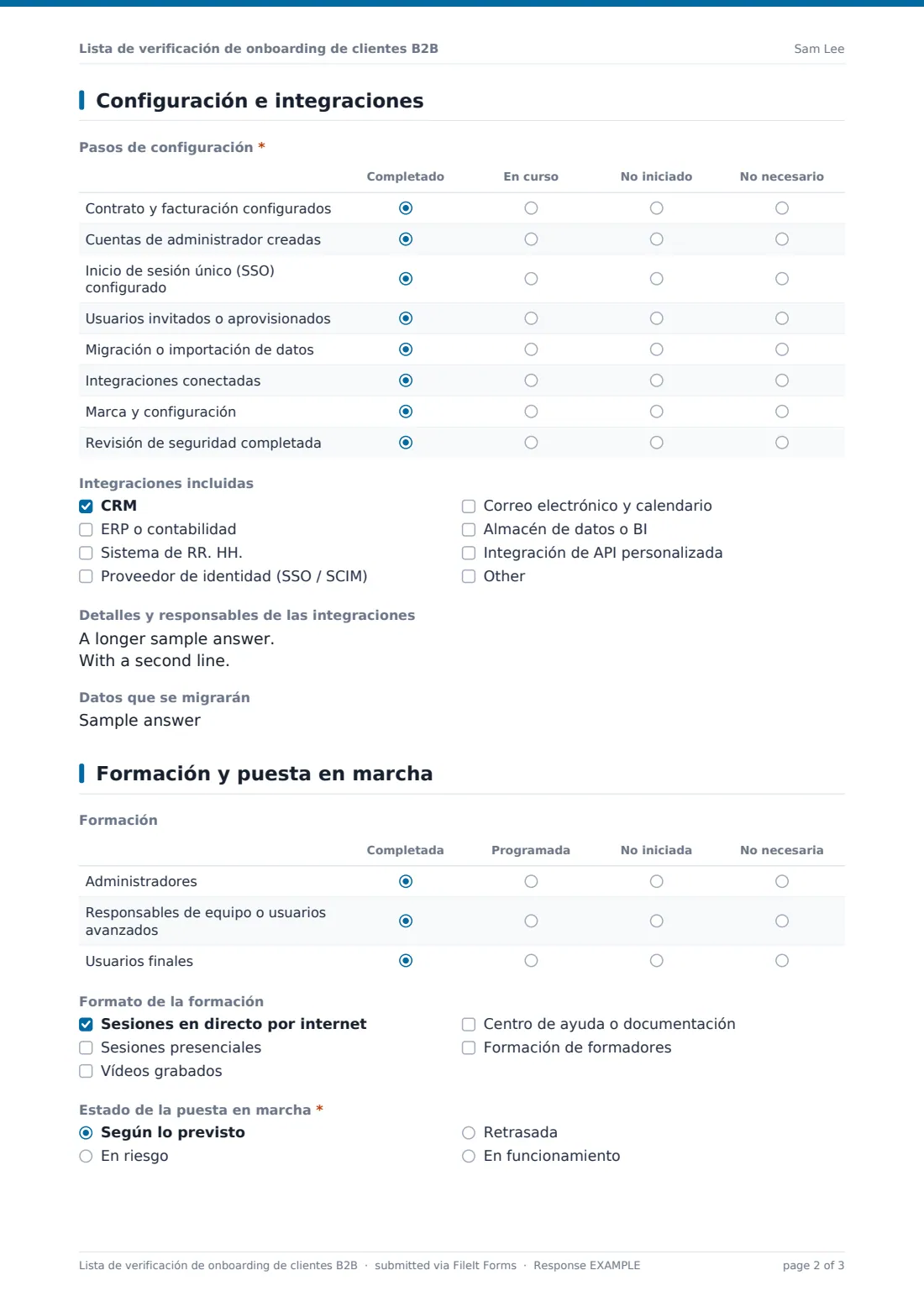 Lista de verificación de onboarding de clientes B2B — PDF de respuesta de ejemplo, página 2 de 3