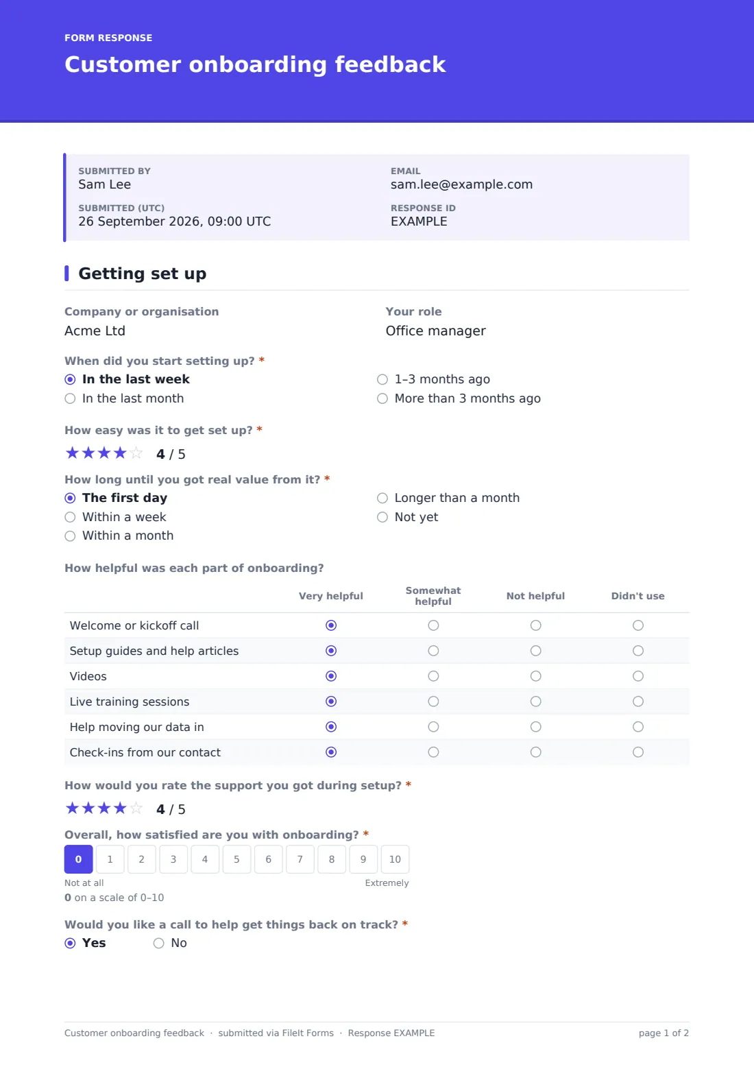 Customer onboarding feedback — example response PDF, page 1 of 2