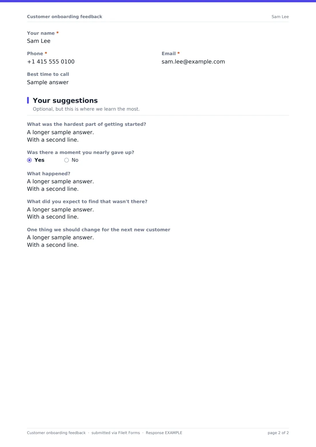 Customer onboarding feedback — example response PDF, page 2 of 2