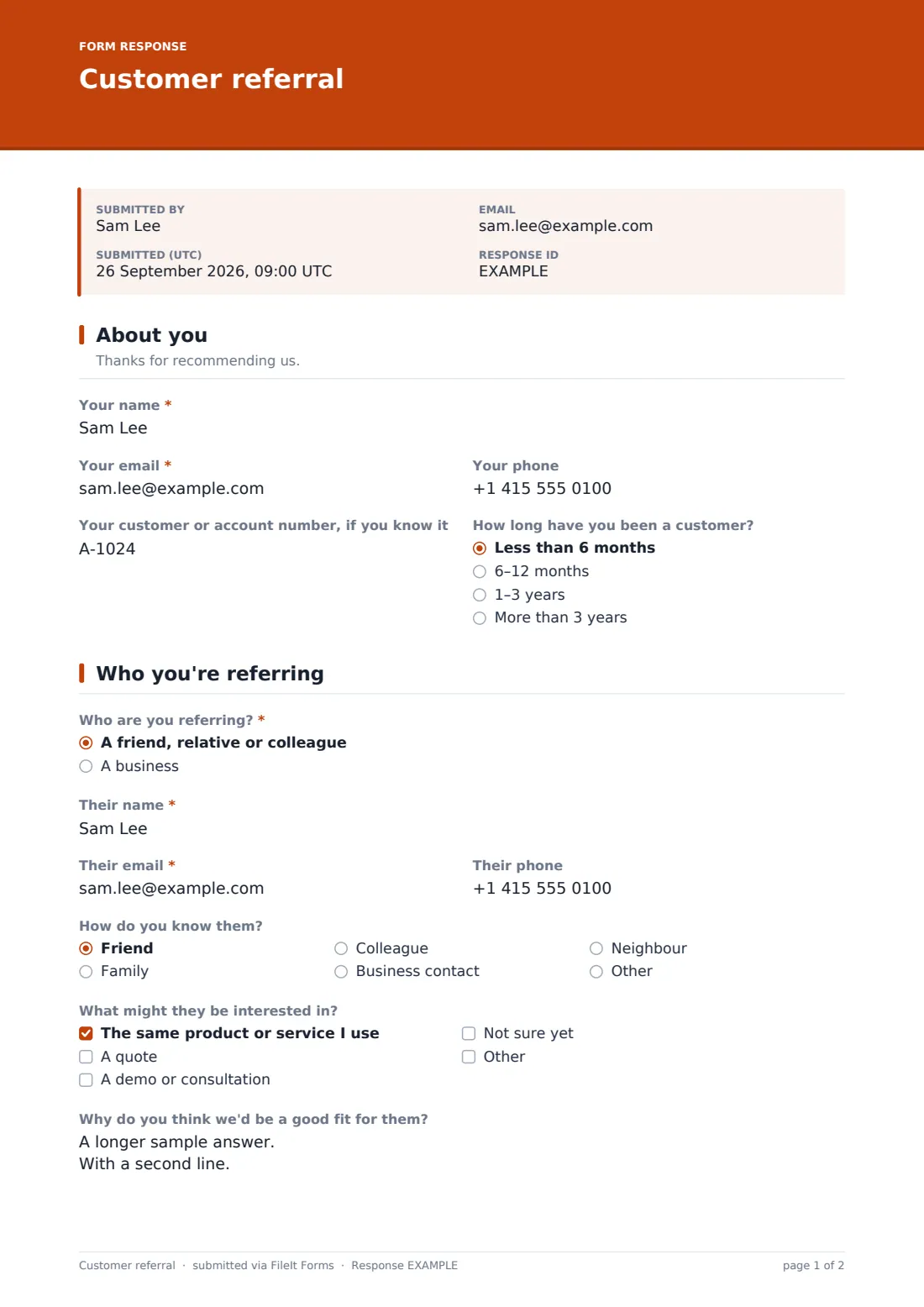 Customer referral — example response PDF, page 1 of 2