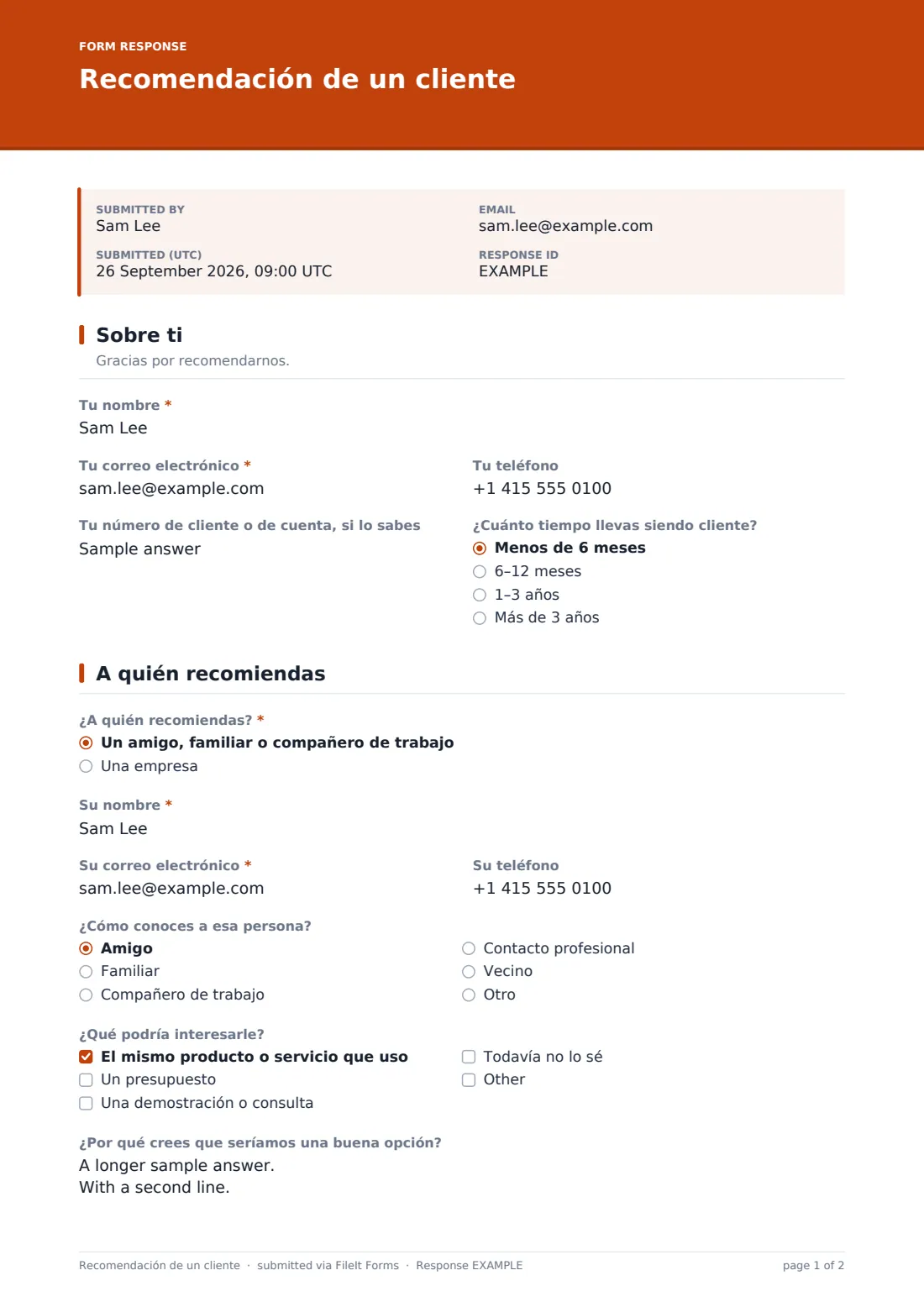 Recomendación de un cliente — PDF de respuesta de ejemplo, página 1 de 2