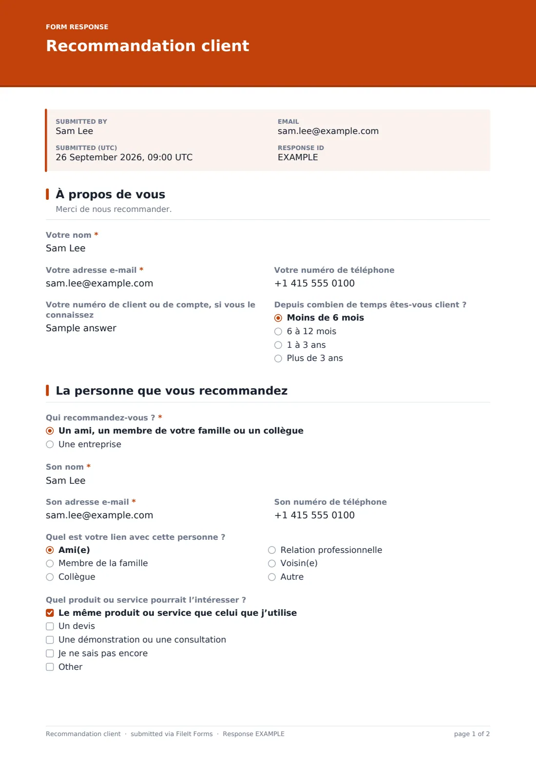 Recommandation client — exemple de réponse au format PDF, page 1 sur 2