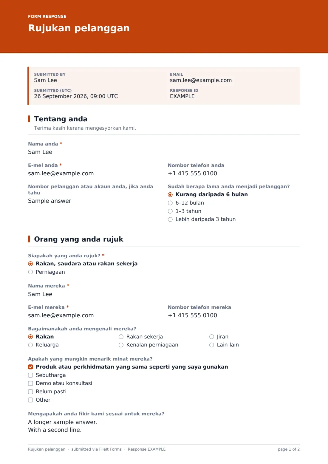 Rujukan pelanggan — PDF respons contoh, halaman 1 daripada 2