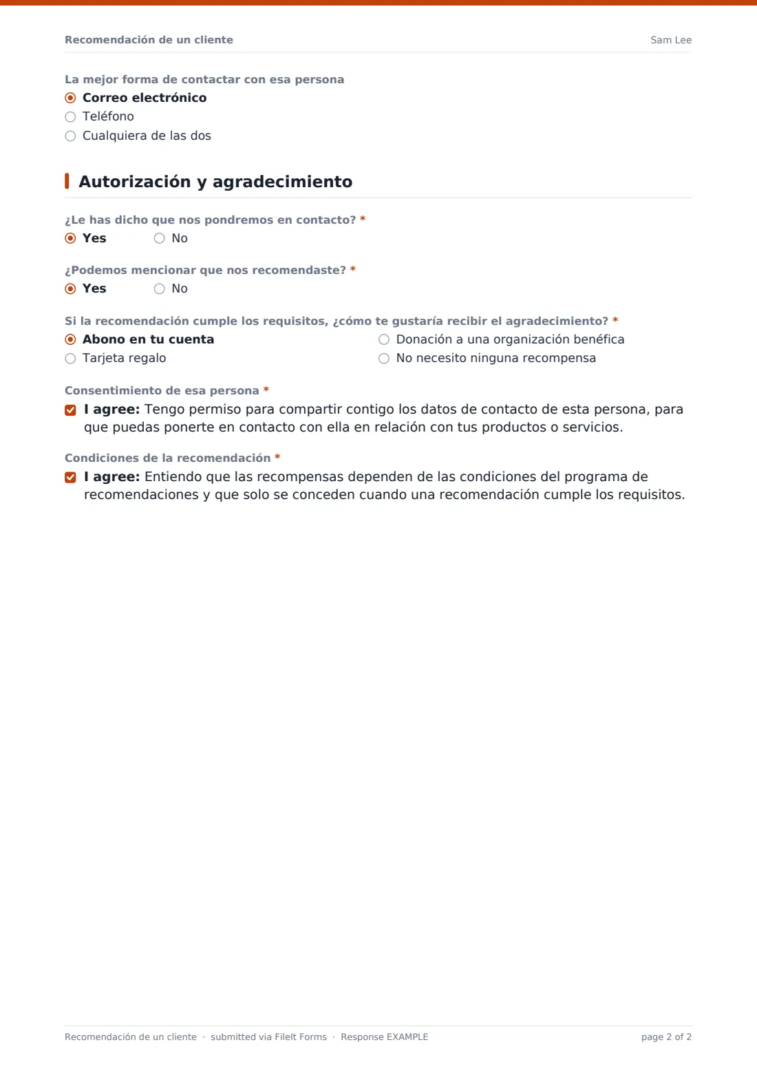 Recomendación de un cliente — PDF de respuesta de ejemplo, página 2 de 2