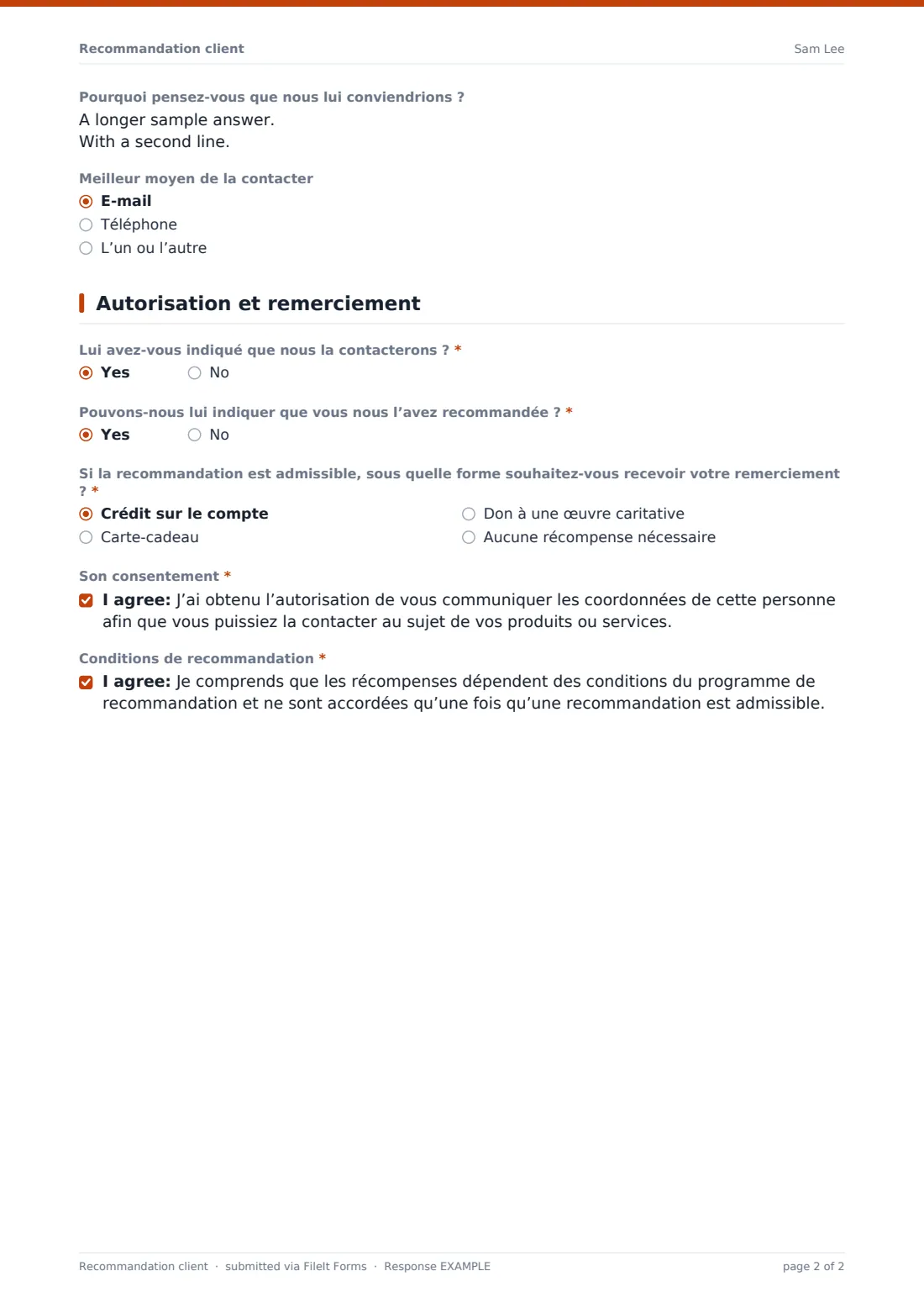 Recommandation client — exemple de réponse au format PDF, page 2 sur 2