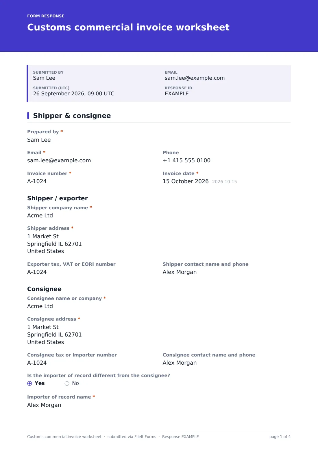 Customs commercial invoice worksheet — example response PDF, page 1 of 4