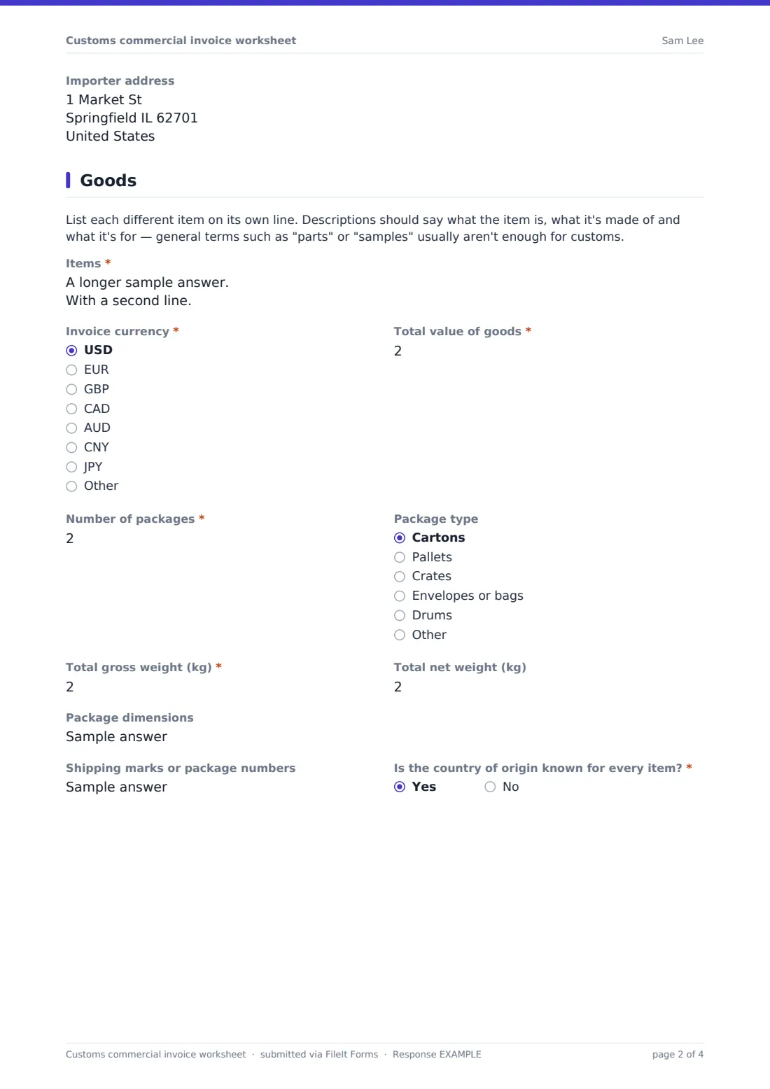 Customs commercial invoice worksheet — example response PDF, page 2 of 4