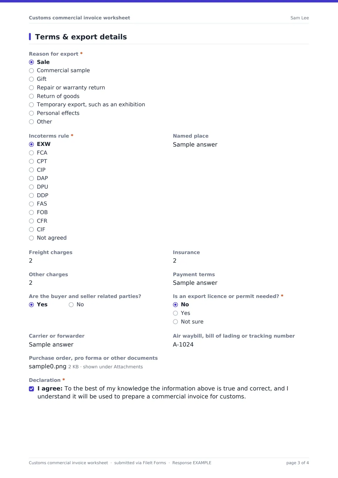 Customs commercial invoice worksheet — example response PDF, page 3 of 4