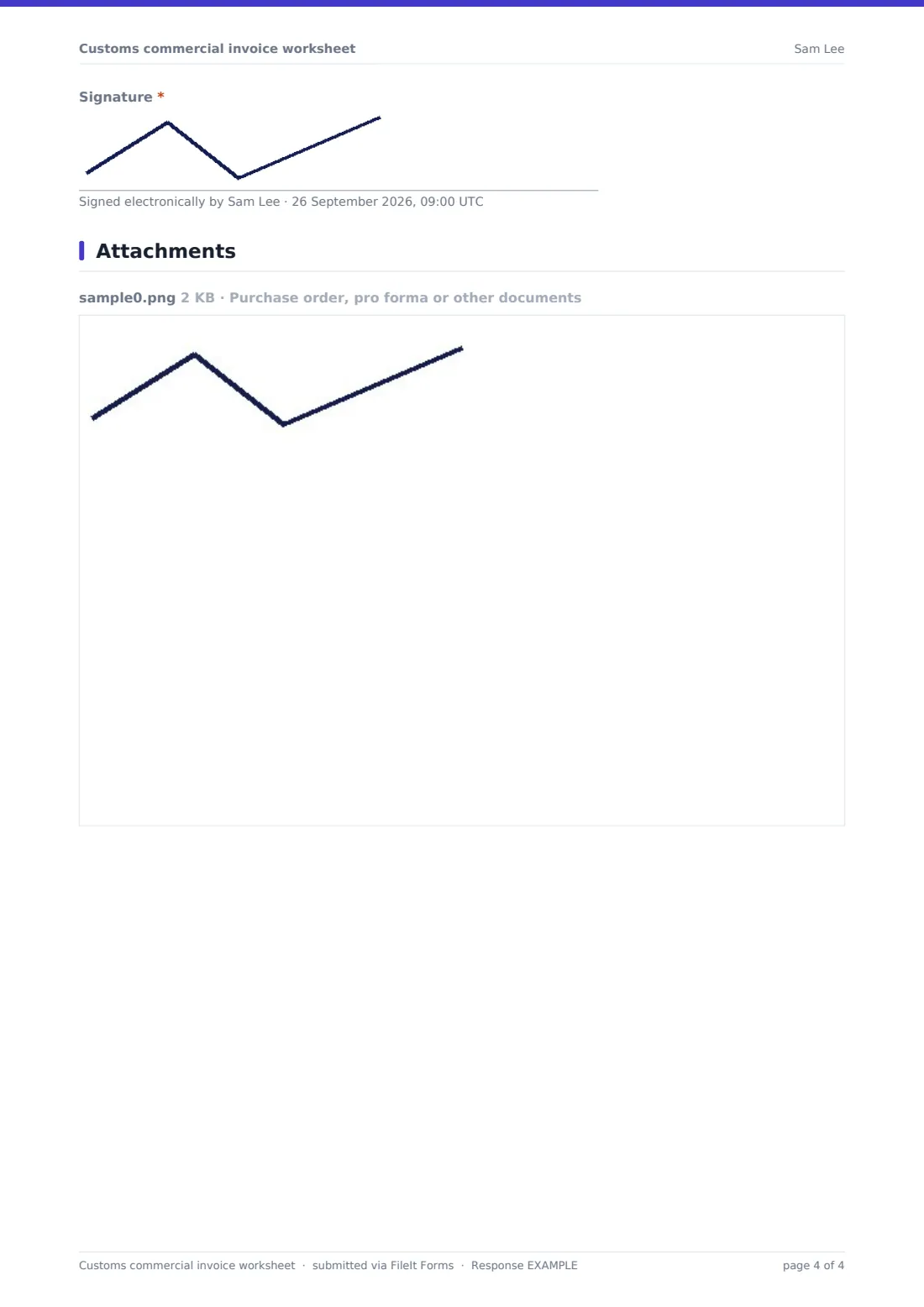 Customs commercial invoice worksheet — example response PDF, page 4 of 4