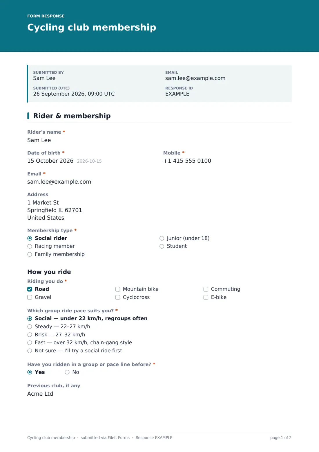 Cycling club membership — example response PDF, page 1 of 2