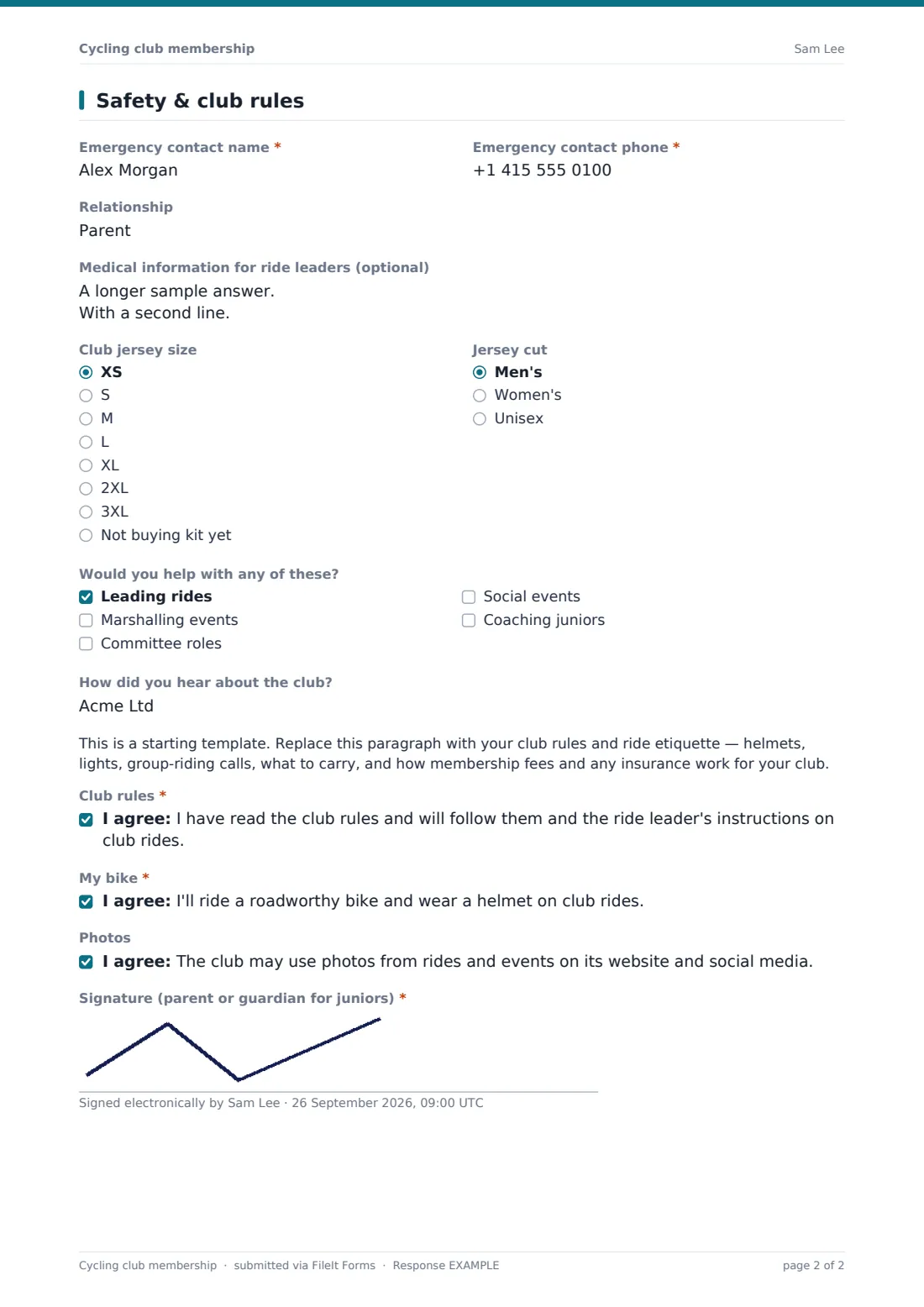 Cycling club membership — example response PDF, page 2 of 2