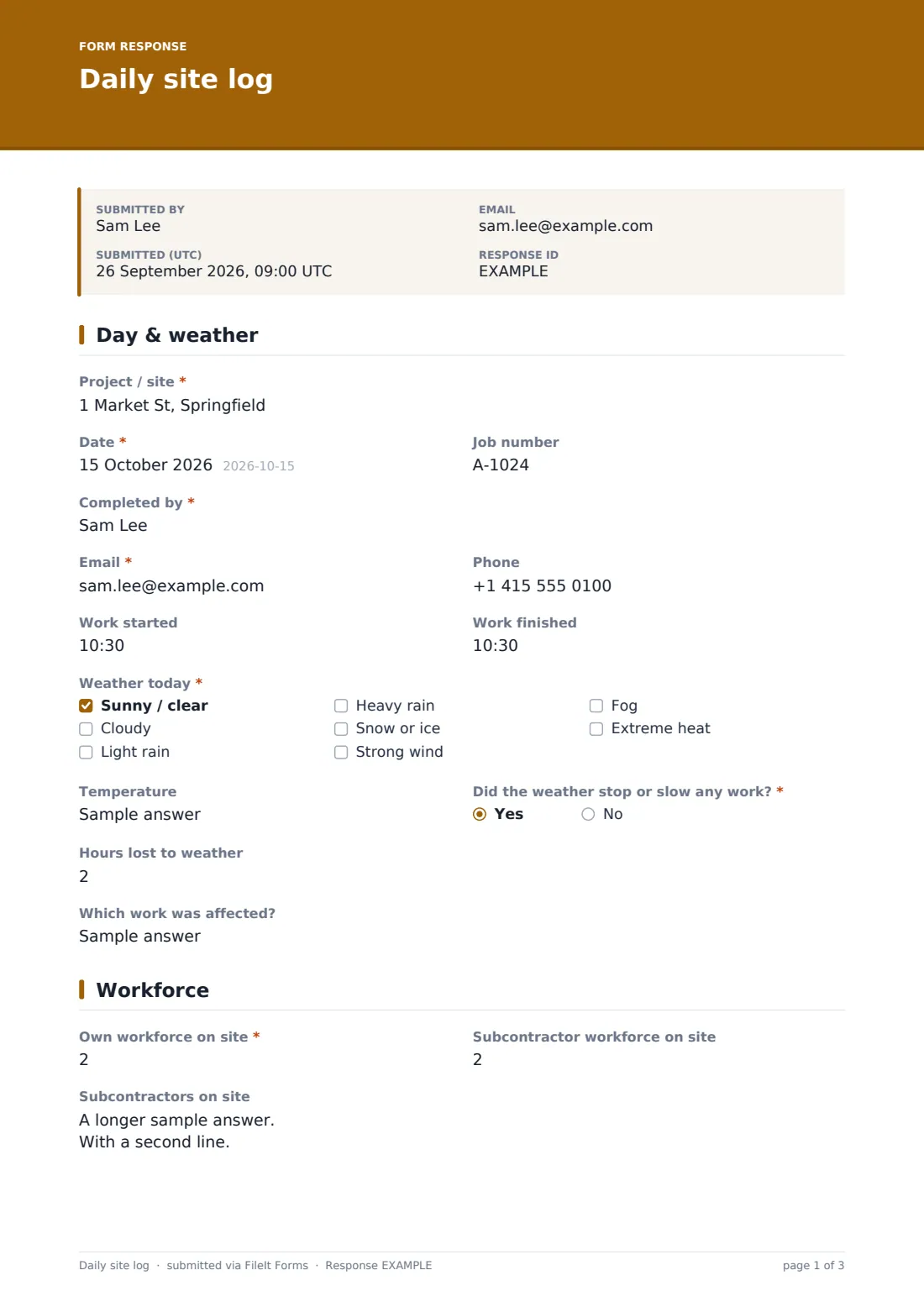 Daily site log — example response PDF, page 1 of 3