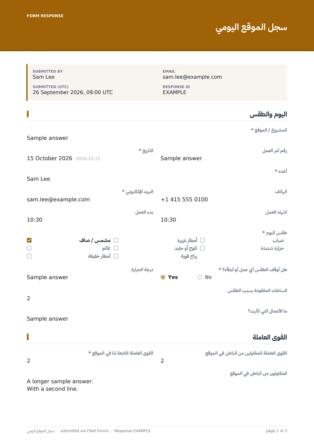 سجل الموقع اليومي — ملف PDF لرد نموذجي، الصفحة 1 من 3