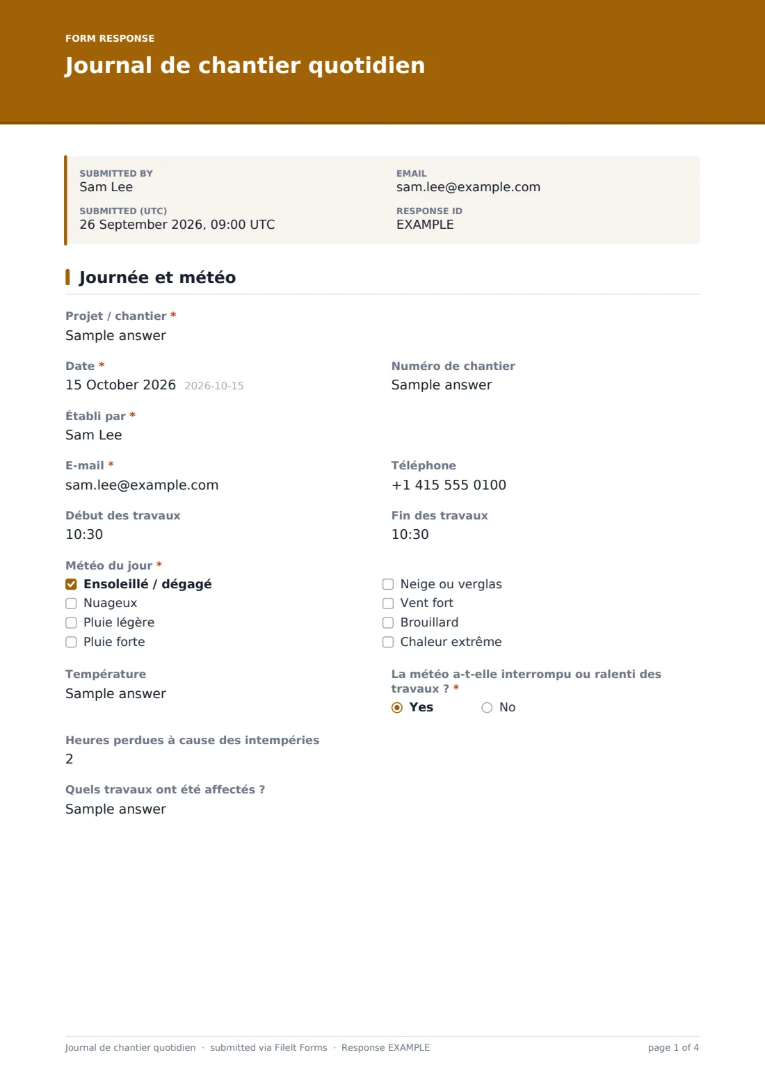 Journal de chantier quotidien — exemple de réponse au format PDF, page 1 sur 4