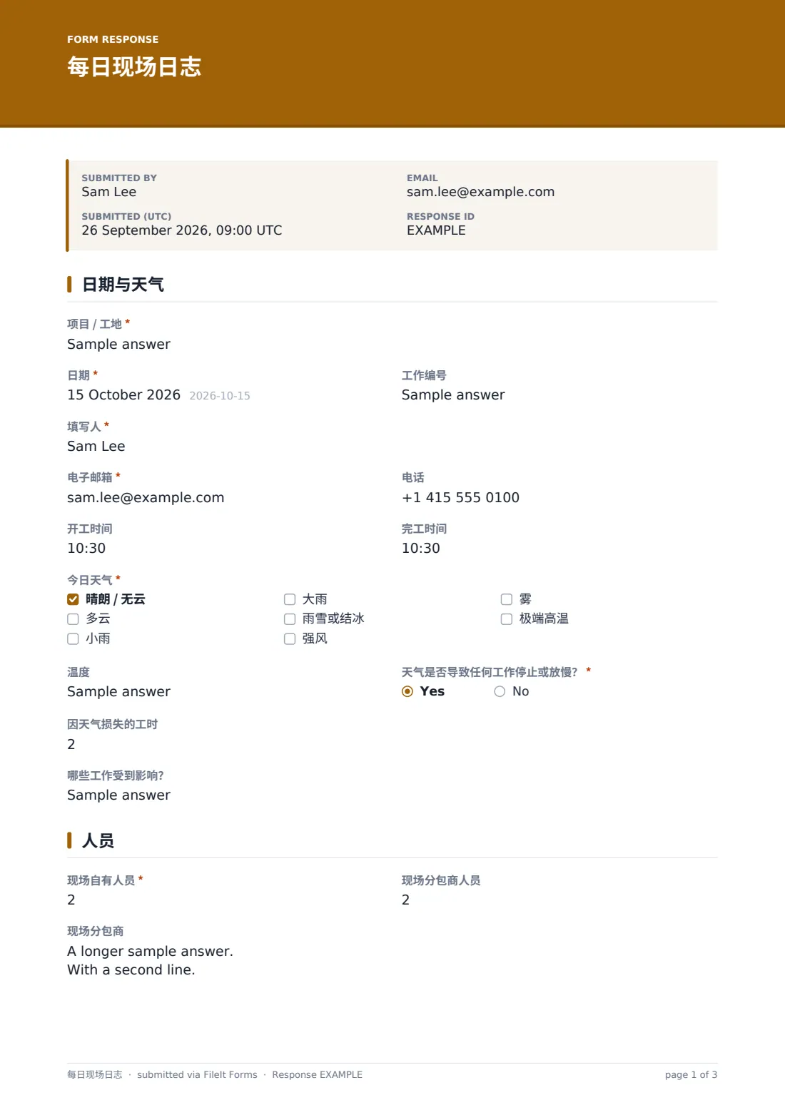每日现场日志 — 示例回复 PDF，第 1 页，共 3 页