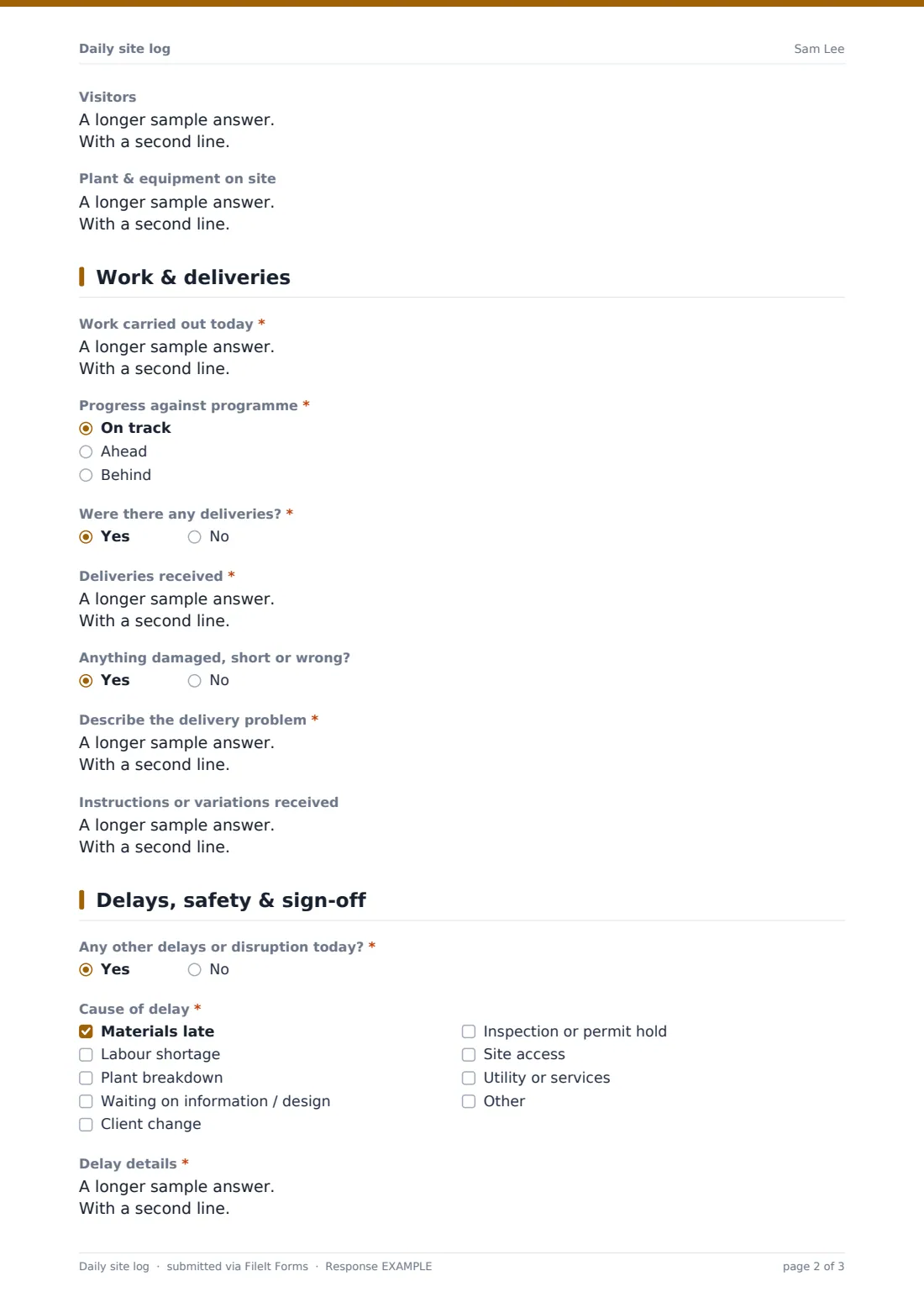 Daily site log — example response PDF, page 2 of 3