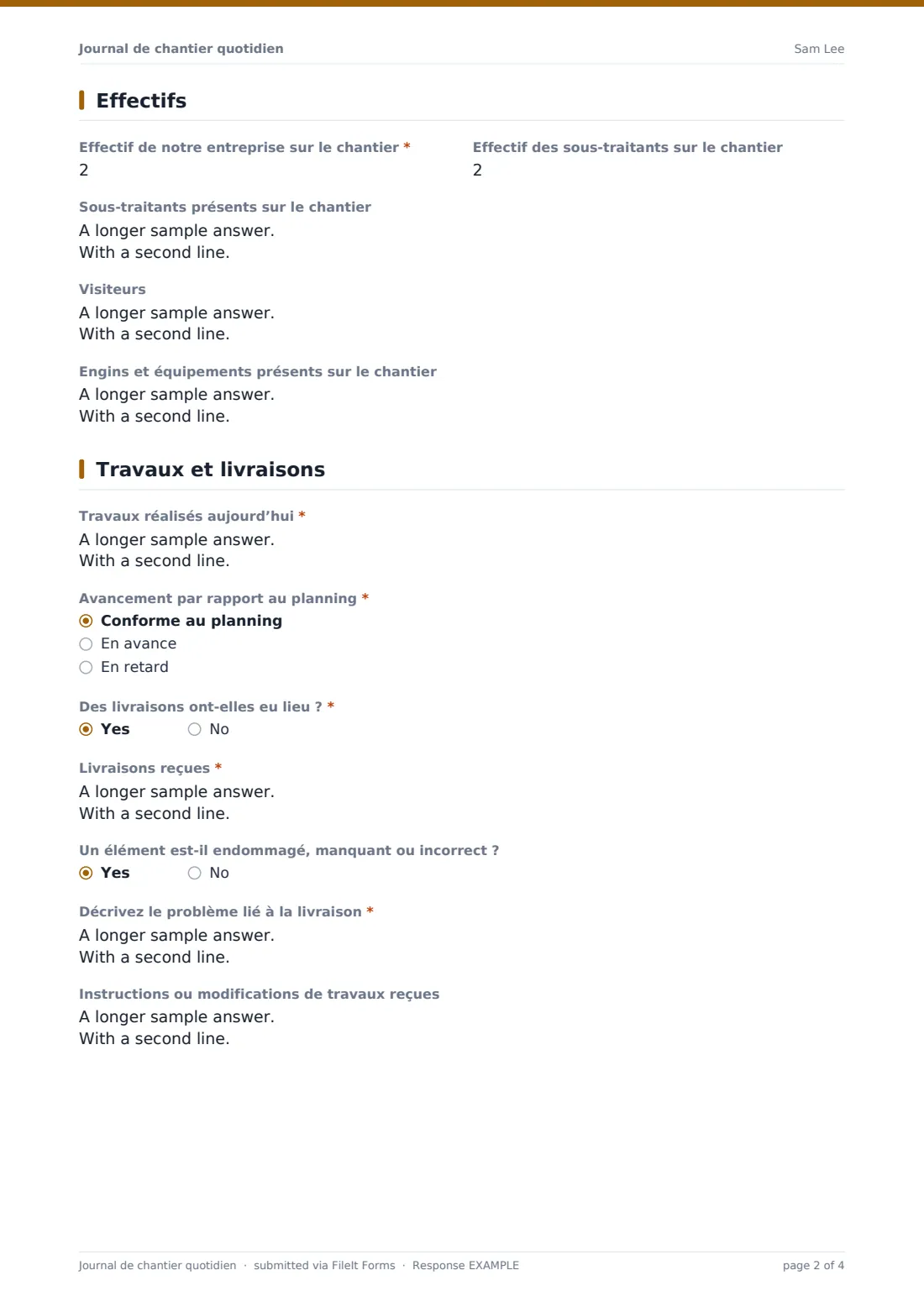 Journal de chantier quotidien — exemple de réponse au format PDF, page 2 sur 4