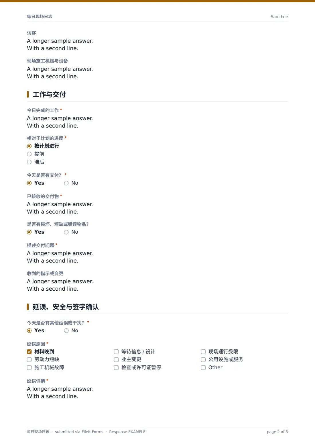 每日现场日志 — 示例回复 PDF，第 2 页，共 3 页