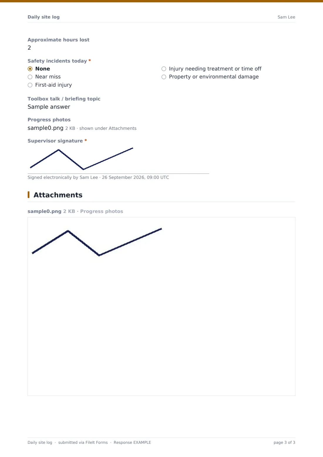 Daily site log — example response PDF, page 3 of 3