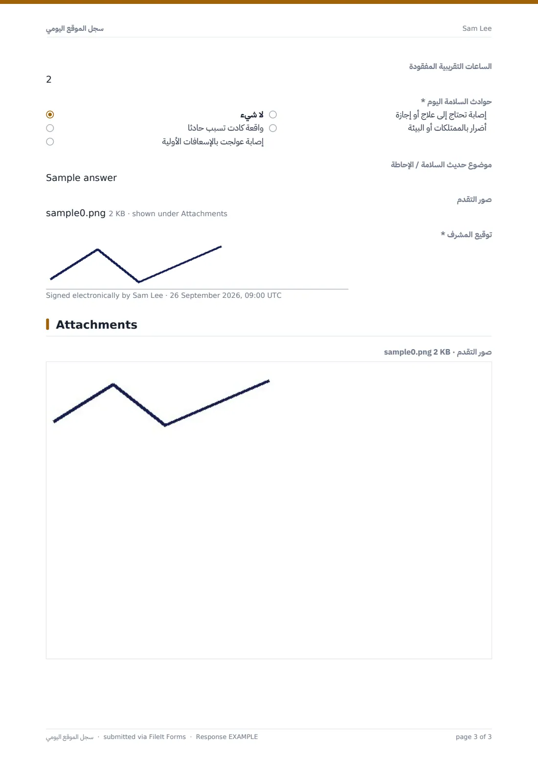 سجل الموقع اليومي — ملف PDF لرد نموذجي، الصفحة 3 من 3