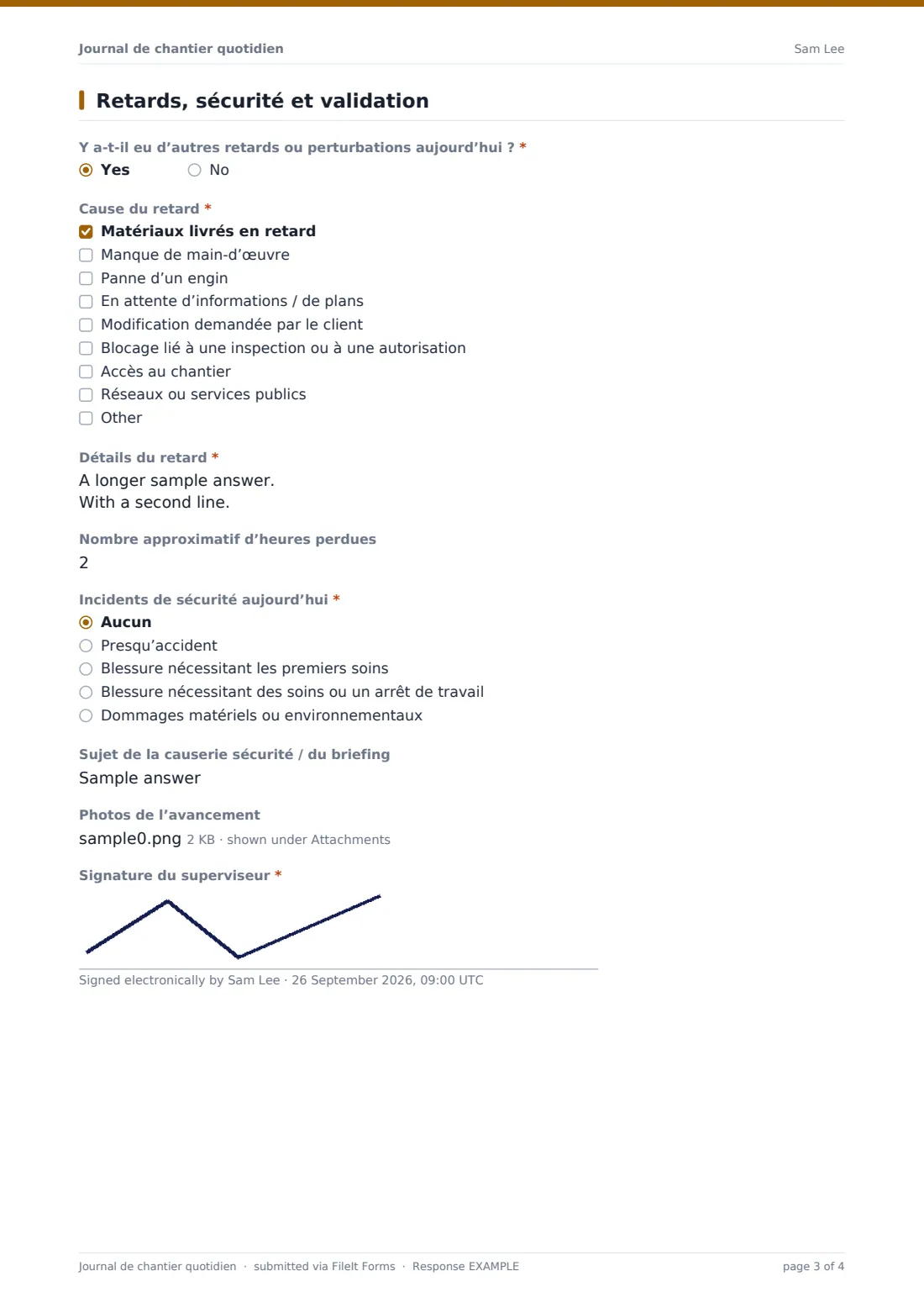 Journal de chantier quotidien — exemple de réponse au format PDF, page 3 sur 4