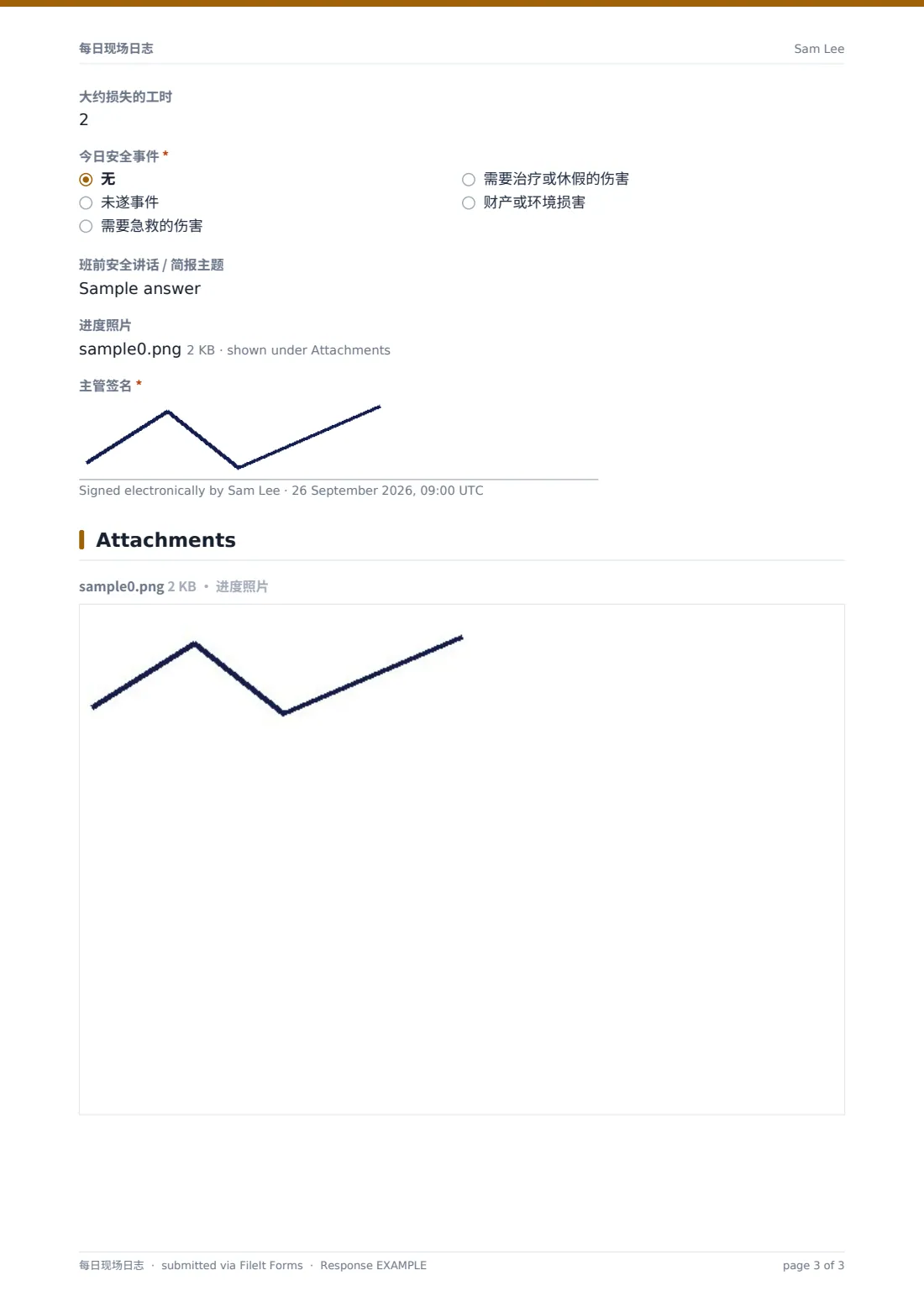 每日现场日志 — 示例回复 PDF，第 3 页，共 3 页
