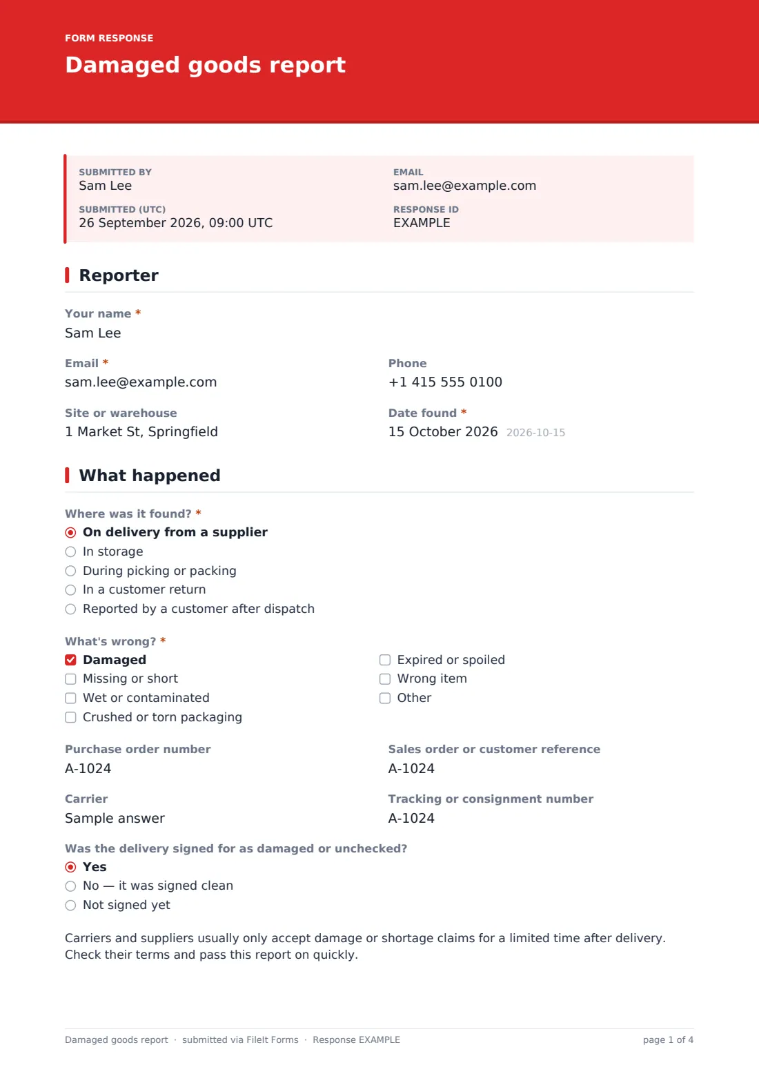Damaged goods report — example response PDF, page 1 of 4