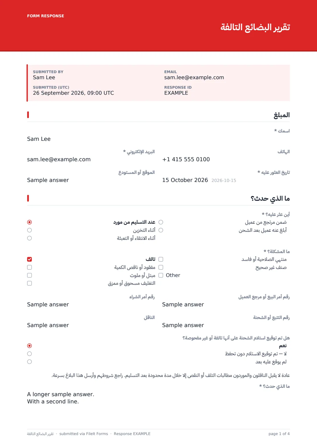 تقرير البضائع التالفة — ملف PDF لرد نموذجي، الصفحة 1 من 4