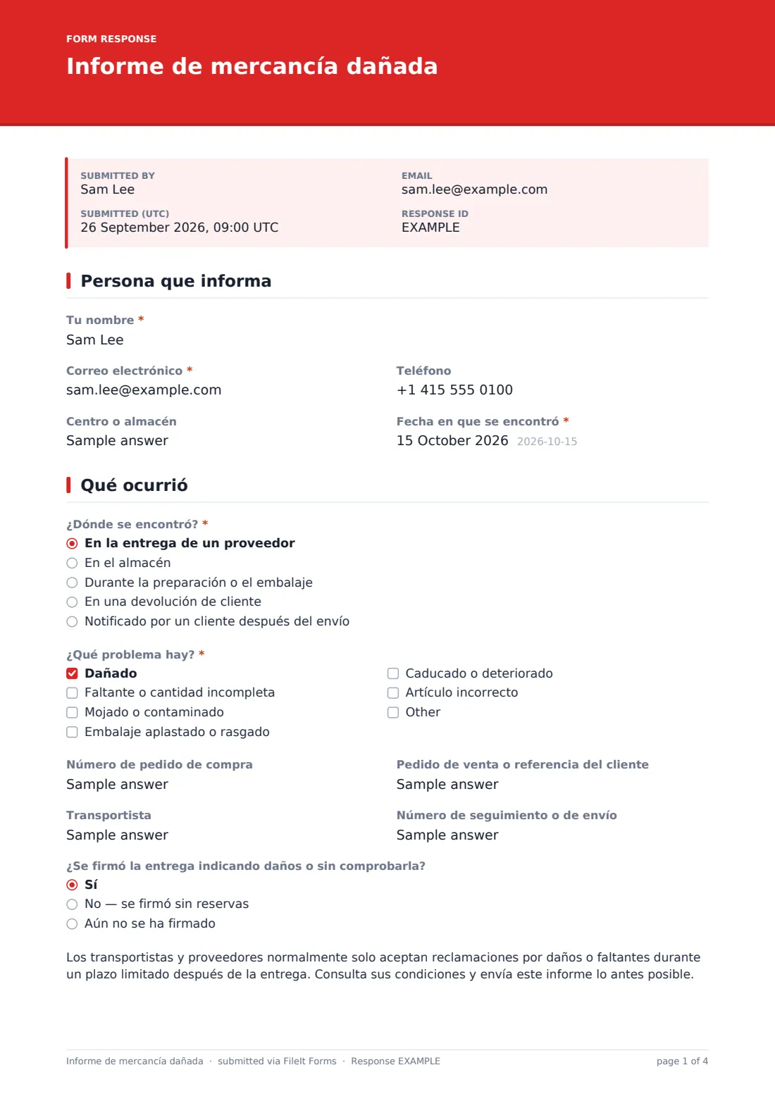 Informe de mercancía dañada — PDF de respuesta de ejemplo, página 1 de 4