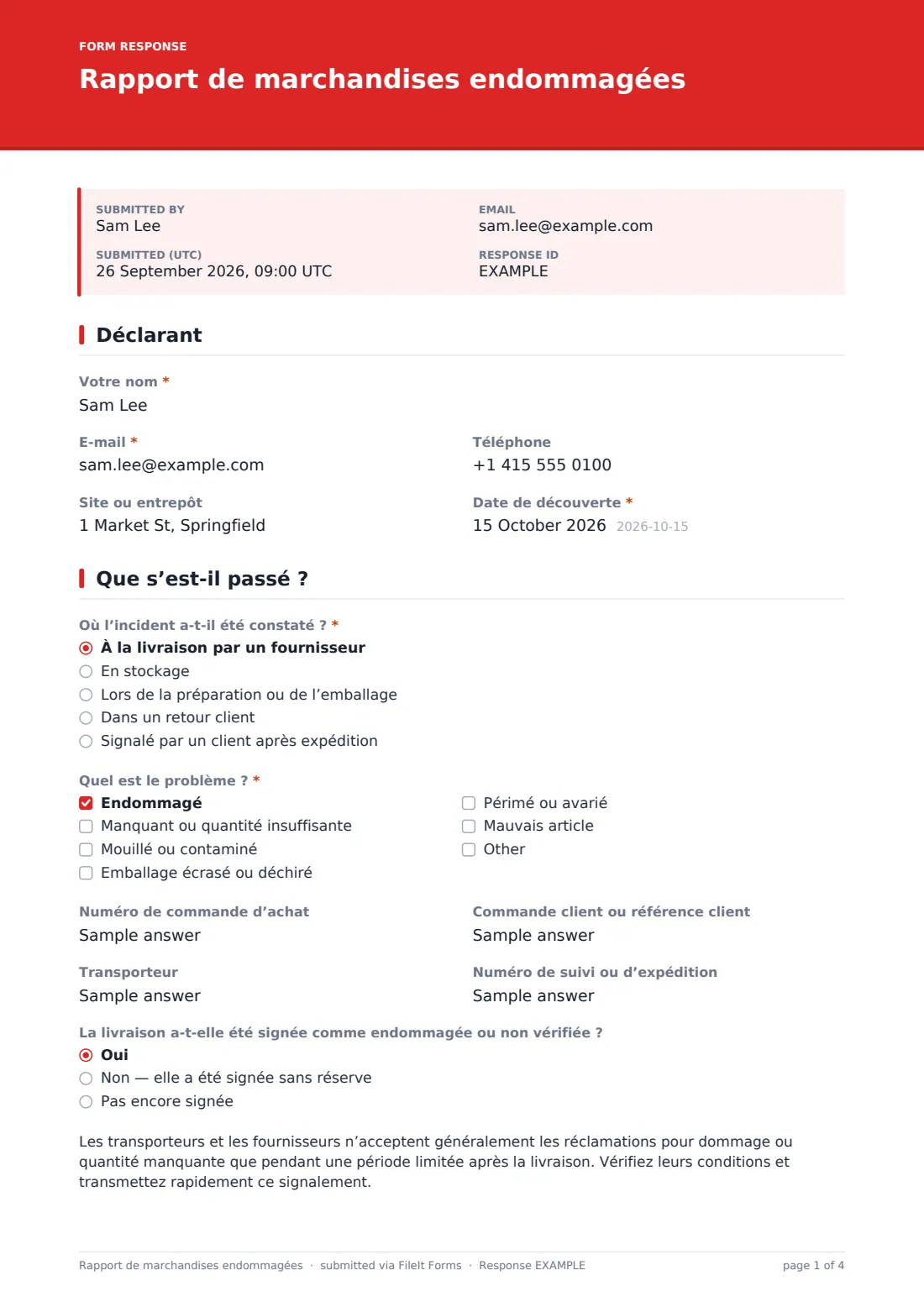 Rapport de marchandises endommagées — exemple de réponse au format PDF, page 1 sur 4