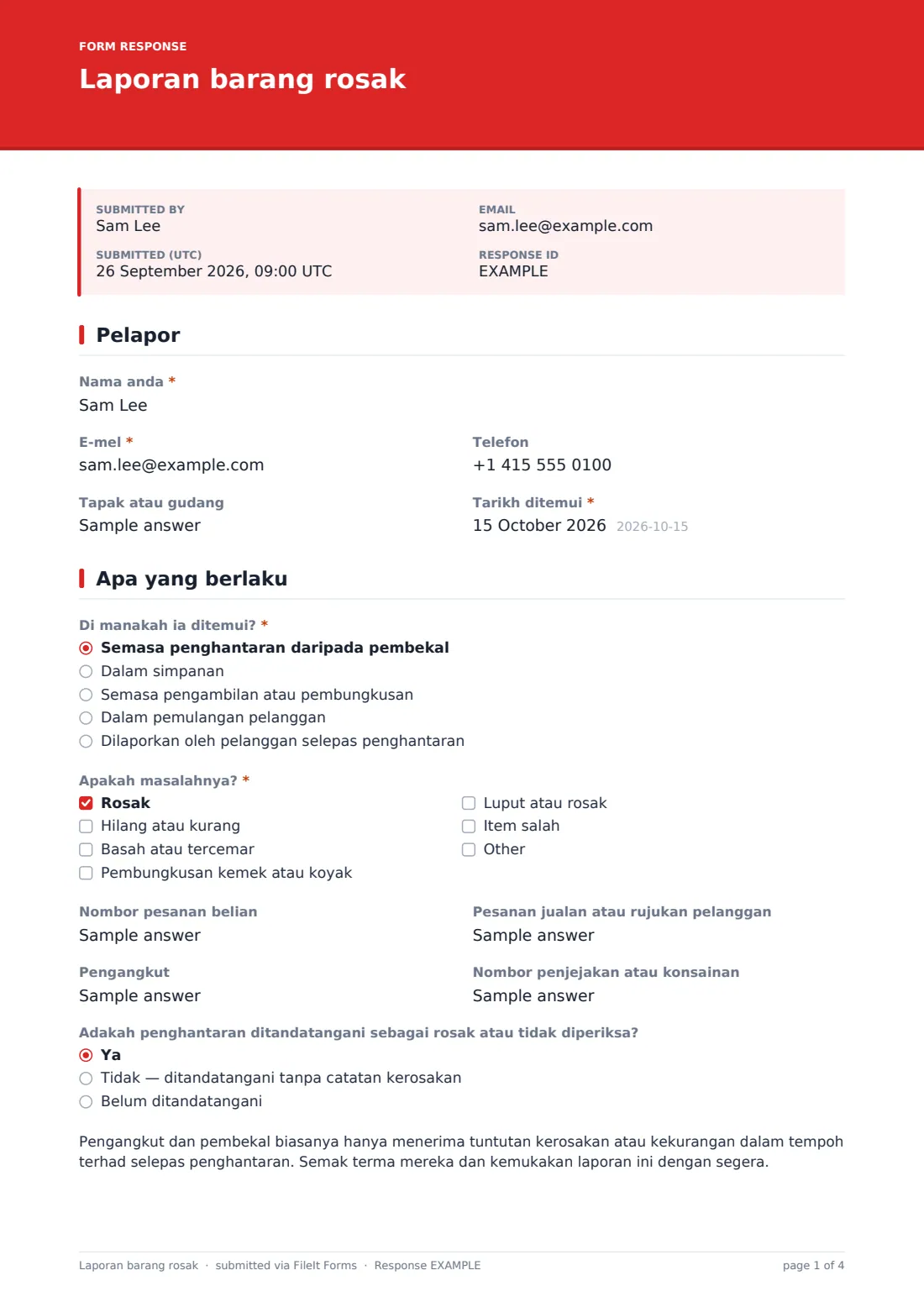 Laporan barang rosak — PDF respons contoh, halaman 1 daripada 4