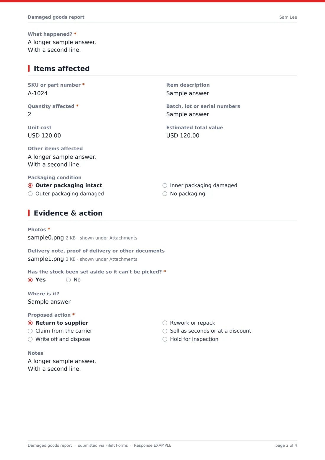 Damaged goods report — example response PDF, page 2 of 4