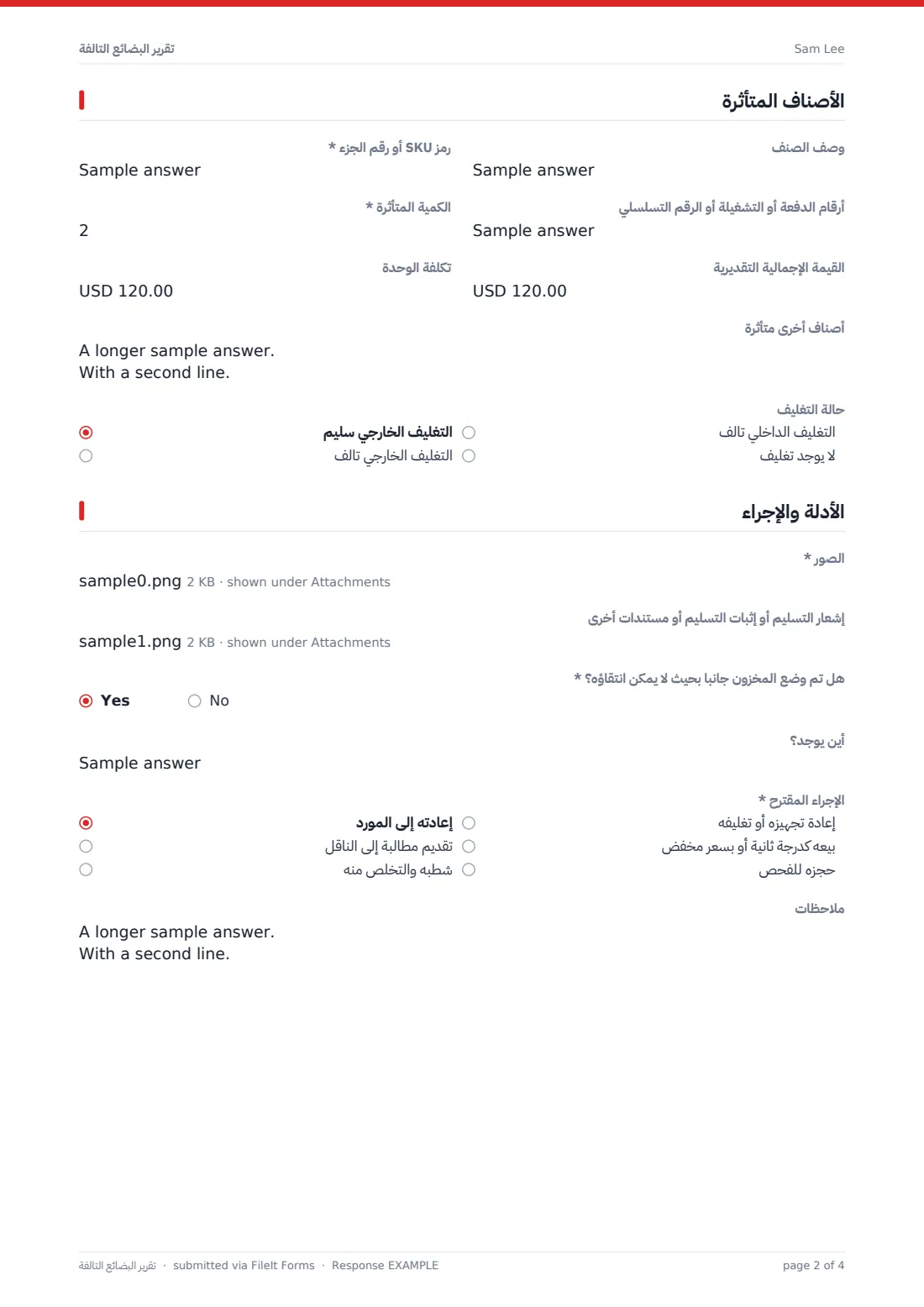 تقرير البضائع التالفة — ملف PDF لرد نموذجي، الصفحة 2 من 4