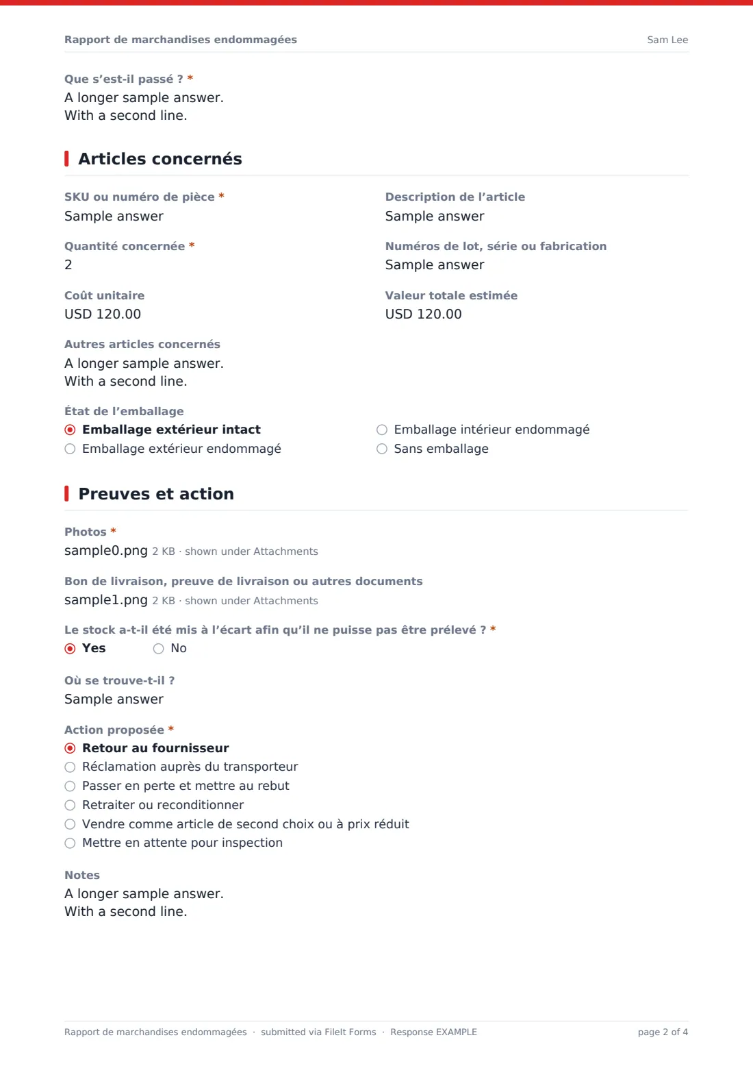 Rapport de marchandises endommagées — exemple de réponse au format PDF, page 2 sur 4