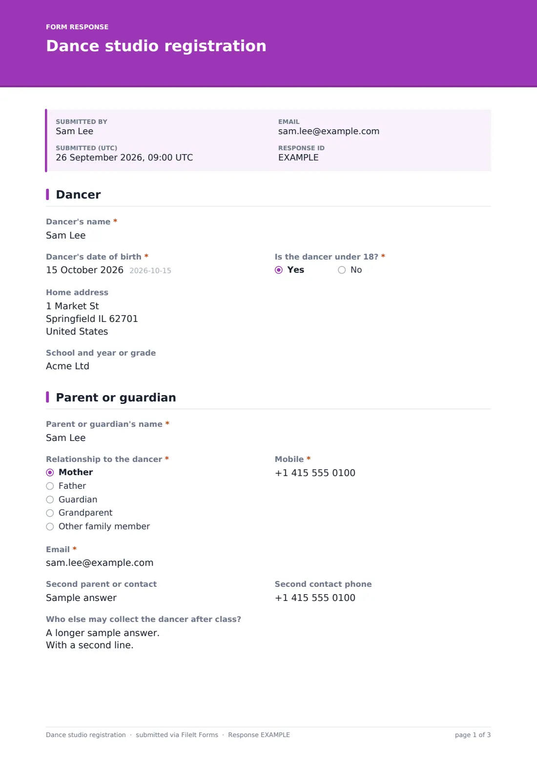 Dance studio registration — example response PDF, page 1 of 3