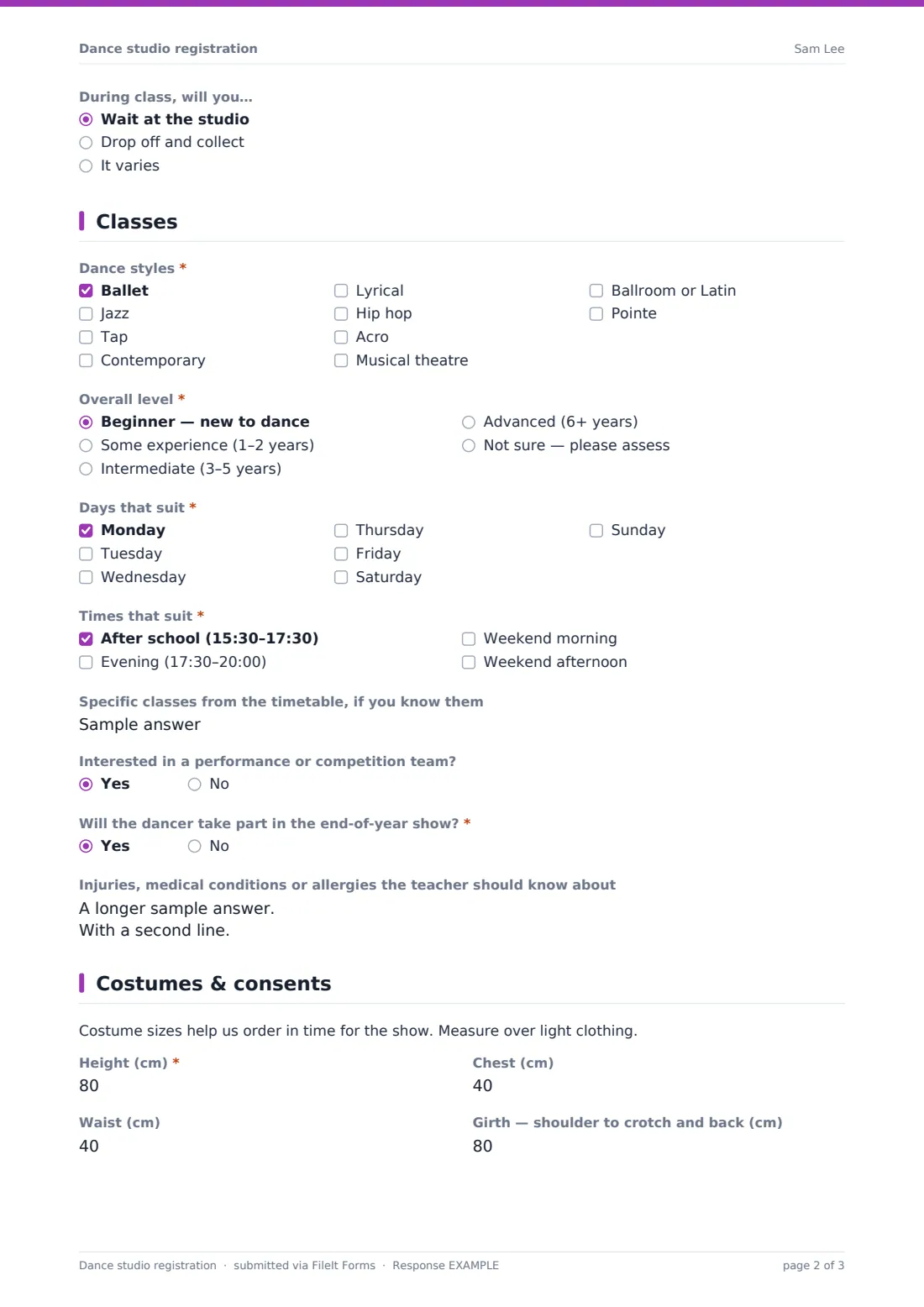 Dance studio registration — example response PDF, page 2 of 3
